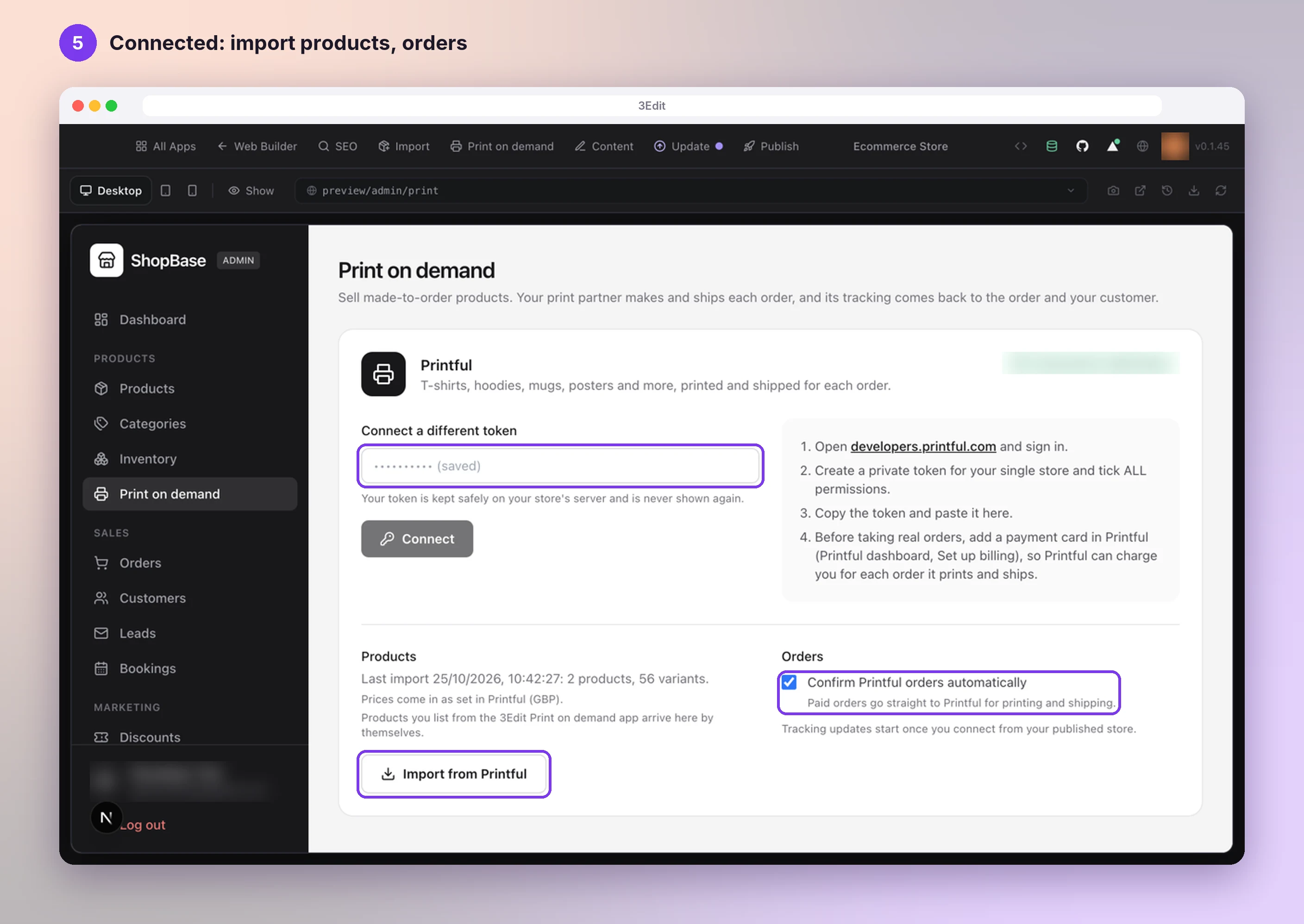 3Edit store admin Print on demand tab after connecting, with Import from Printful and Confirm Printful orders automatically highlighted