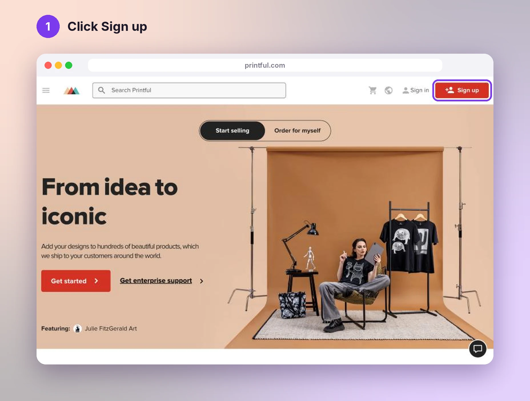 Printful home page with the Sign up button highlighted