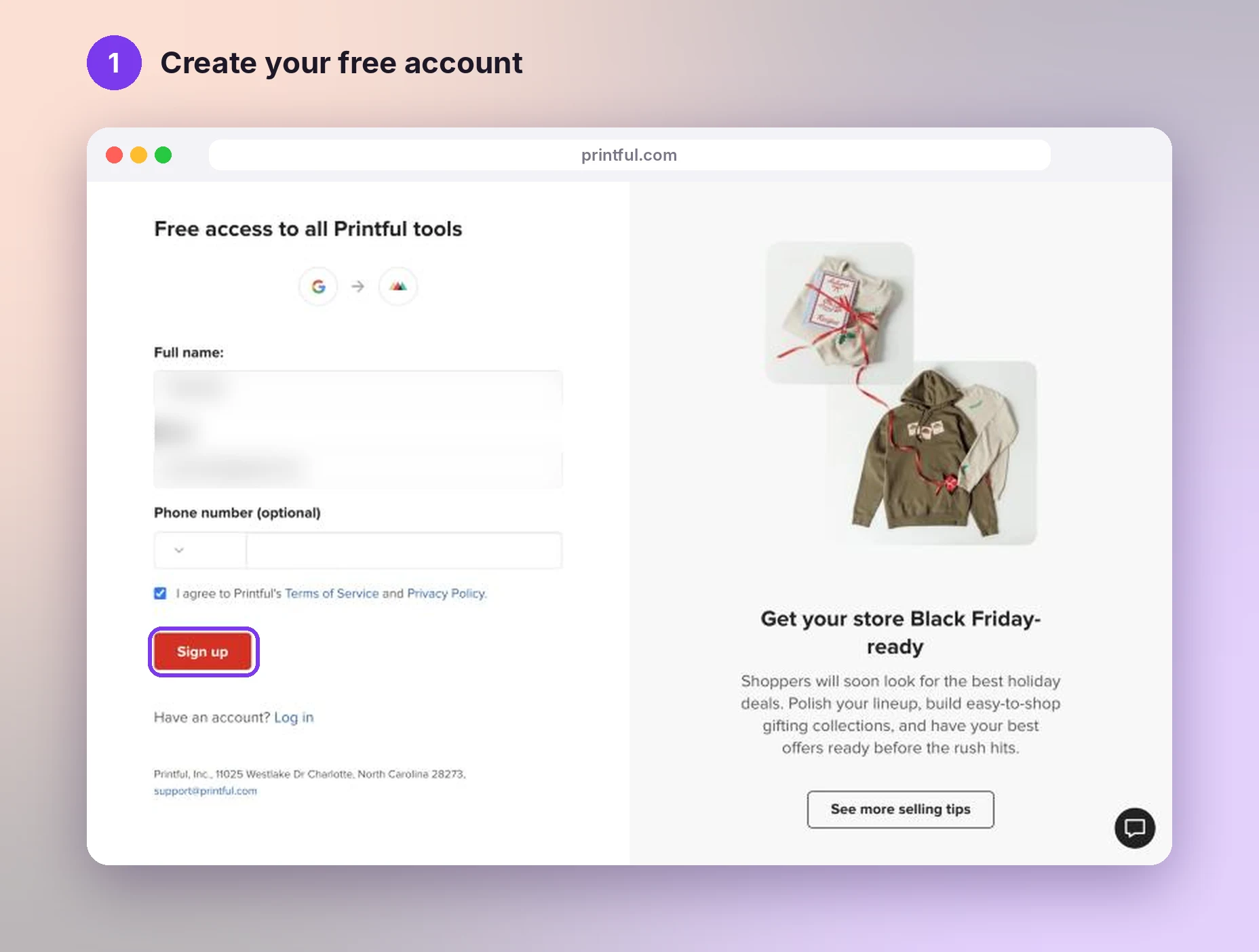 Printful sign up form with the Sign up button highlighted