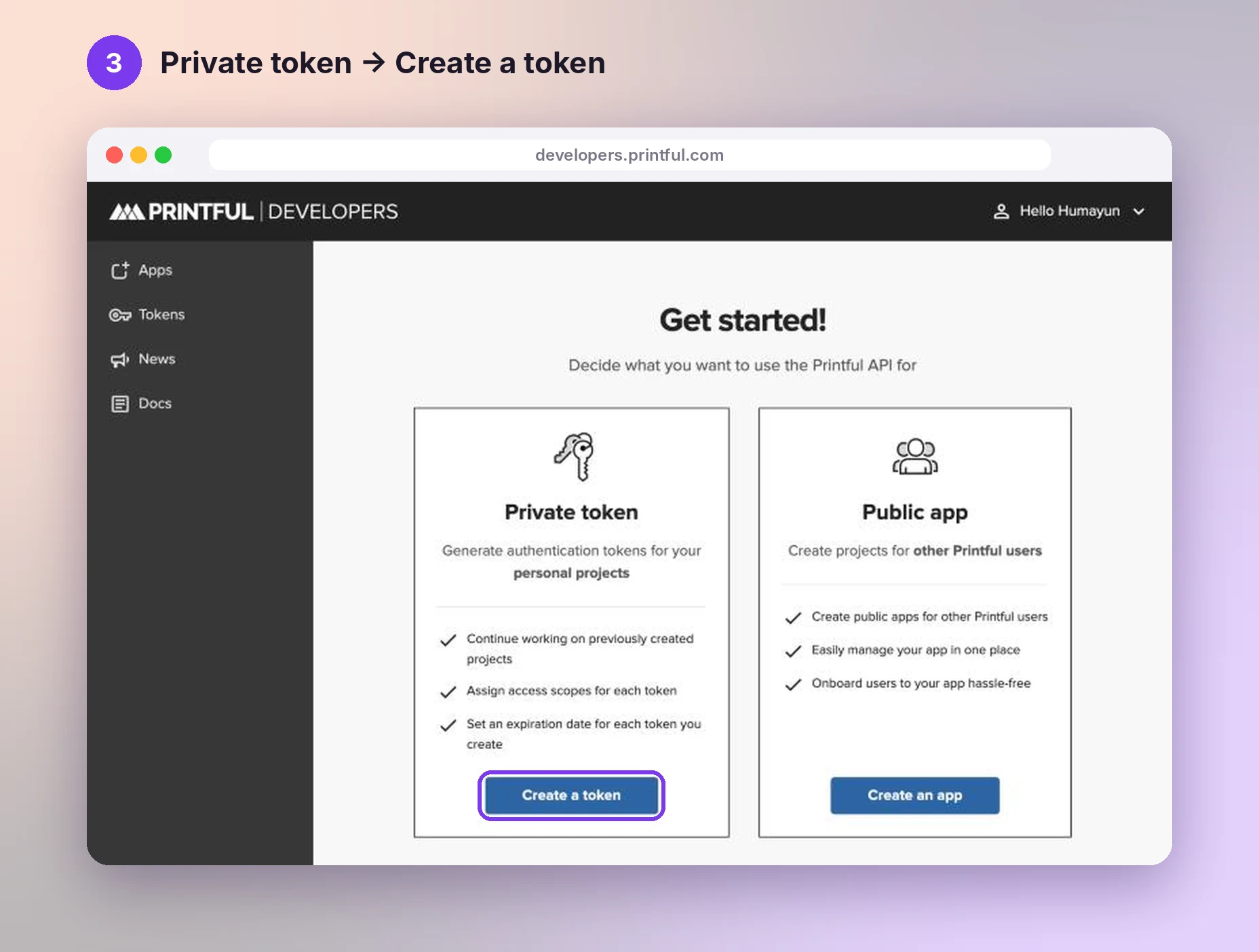 Printful Developers page with the Create a token button highlighted