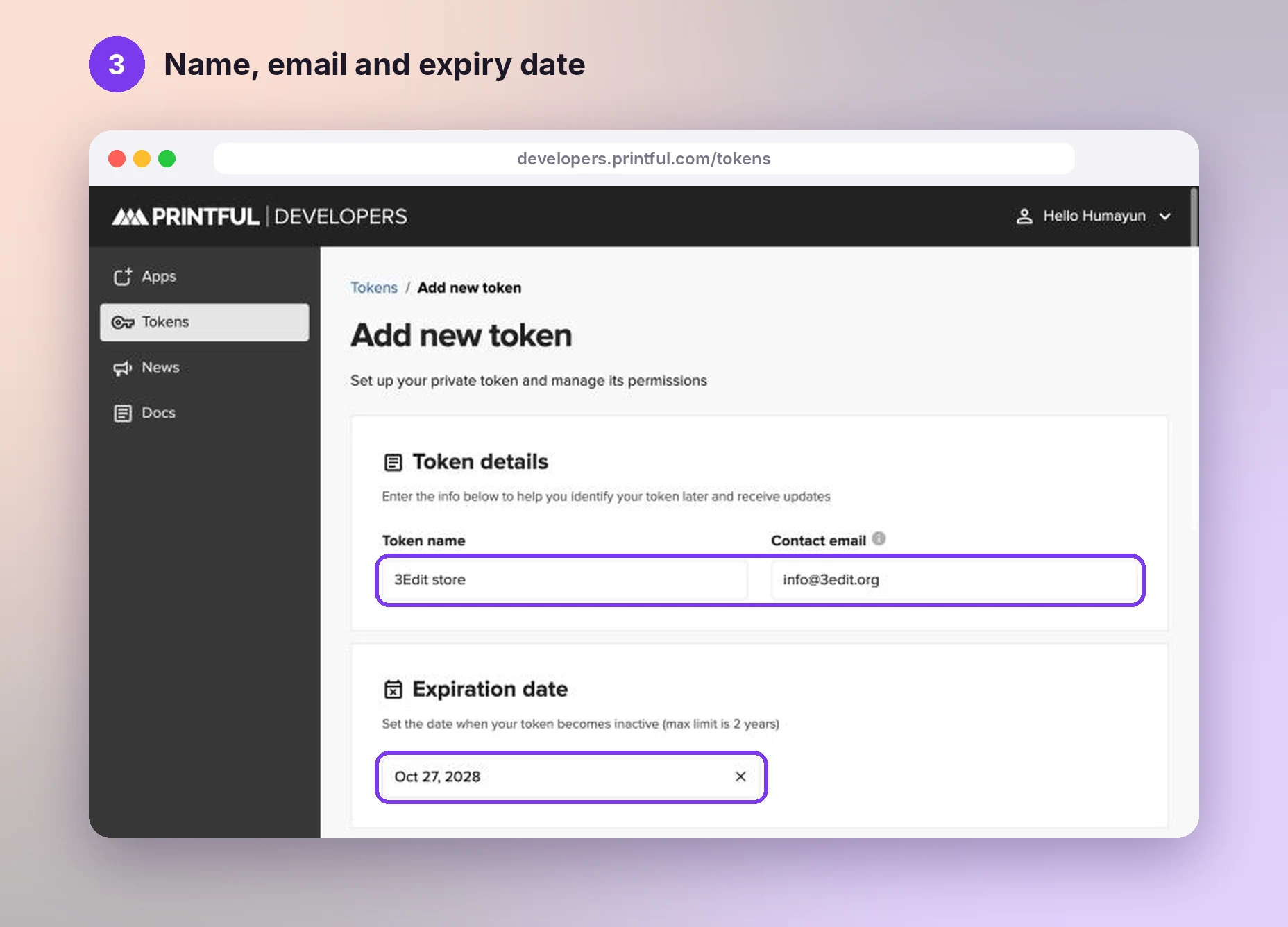 Printful Add new token form with token name, contact email and expiration date filled in