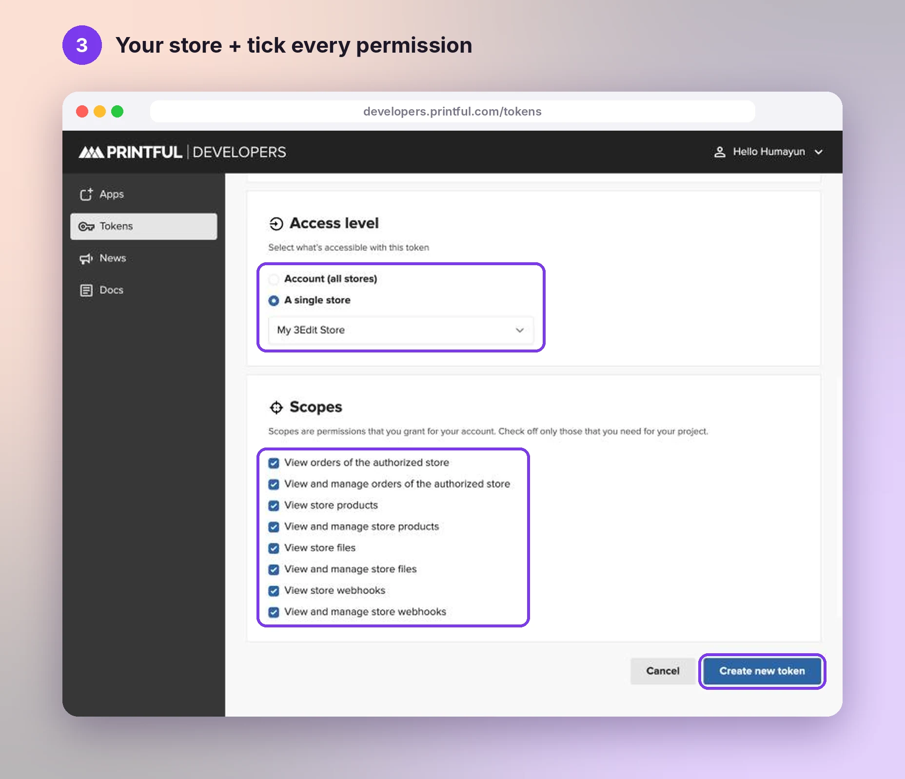 Printful token settings with a single store selected, all eight permissions ticked and the Create new token button highlighted