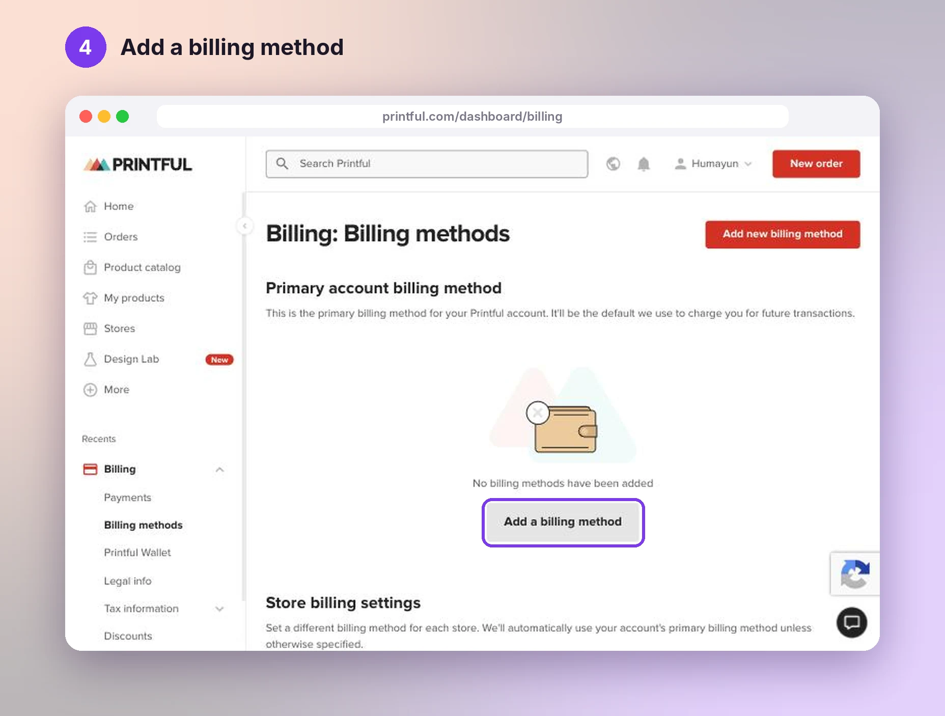 Printful Billing methods page with the Add a billing method button highlighted