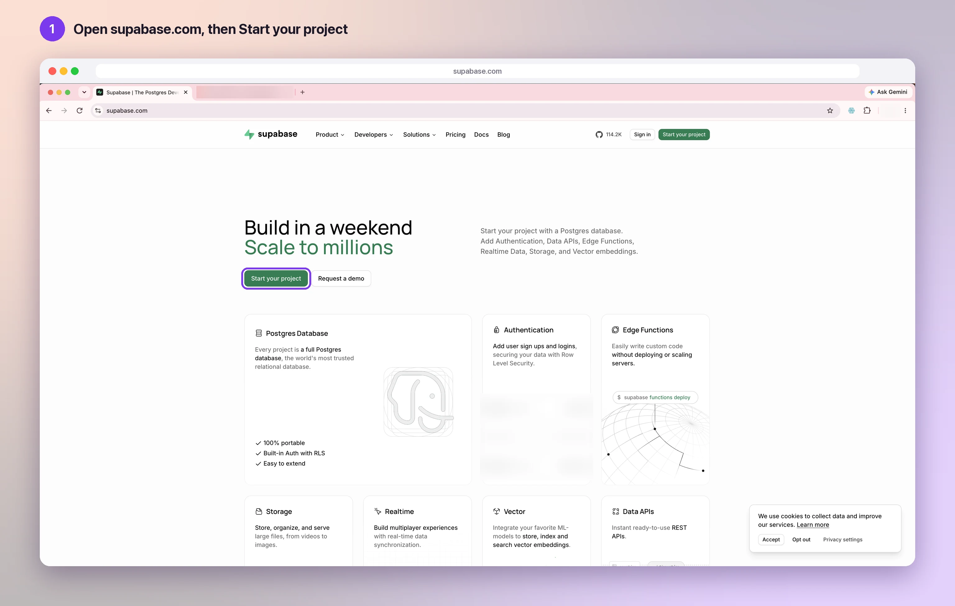 The supabase.com home page, with the Start your project button highlighted