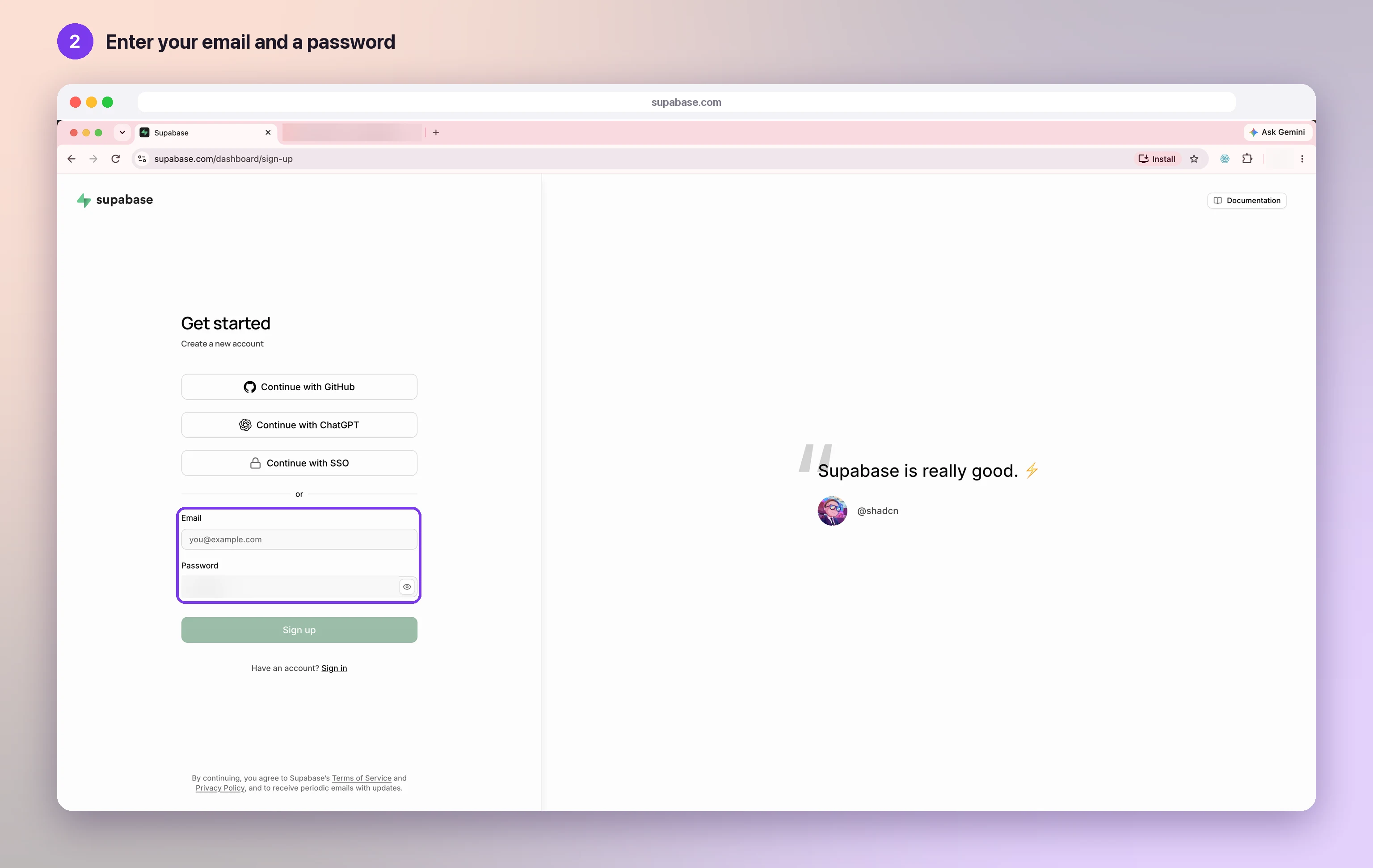 The Supabase Get started page, with the Email and Password fields highlighted