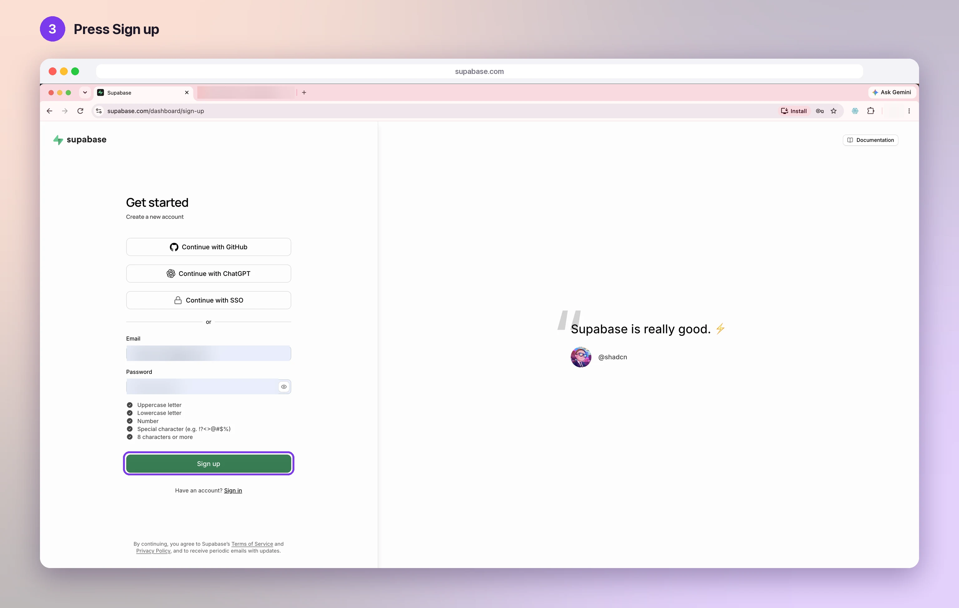 The Supabase sign-up form filled in, with the password checks ticked and the Sign up button highlighted