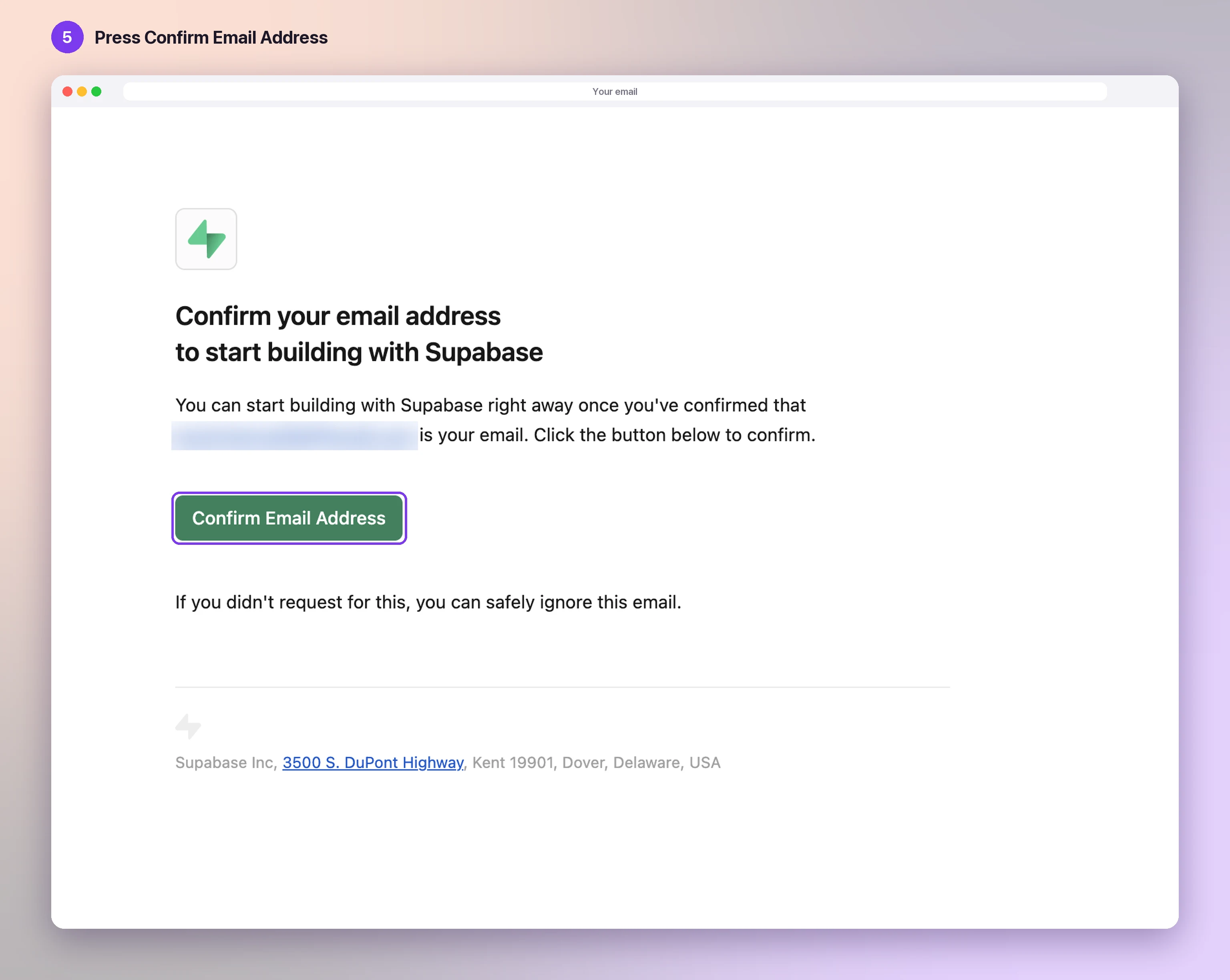 The Supabase confirmation email, with the Confirm Email Address button highlighted