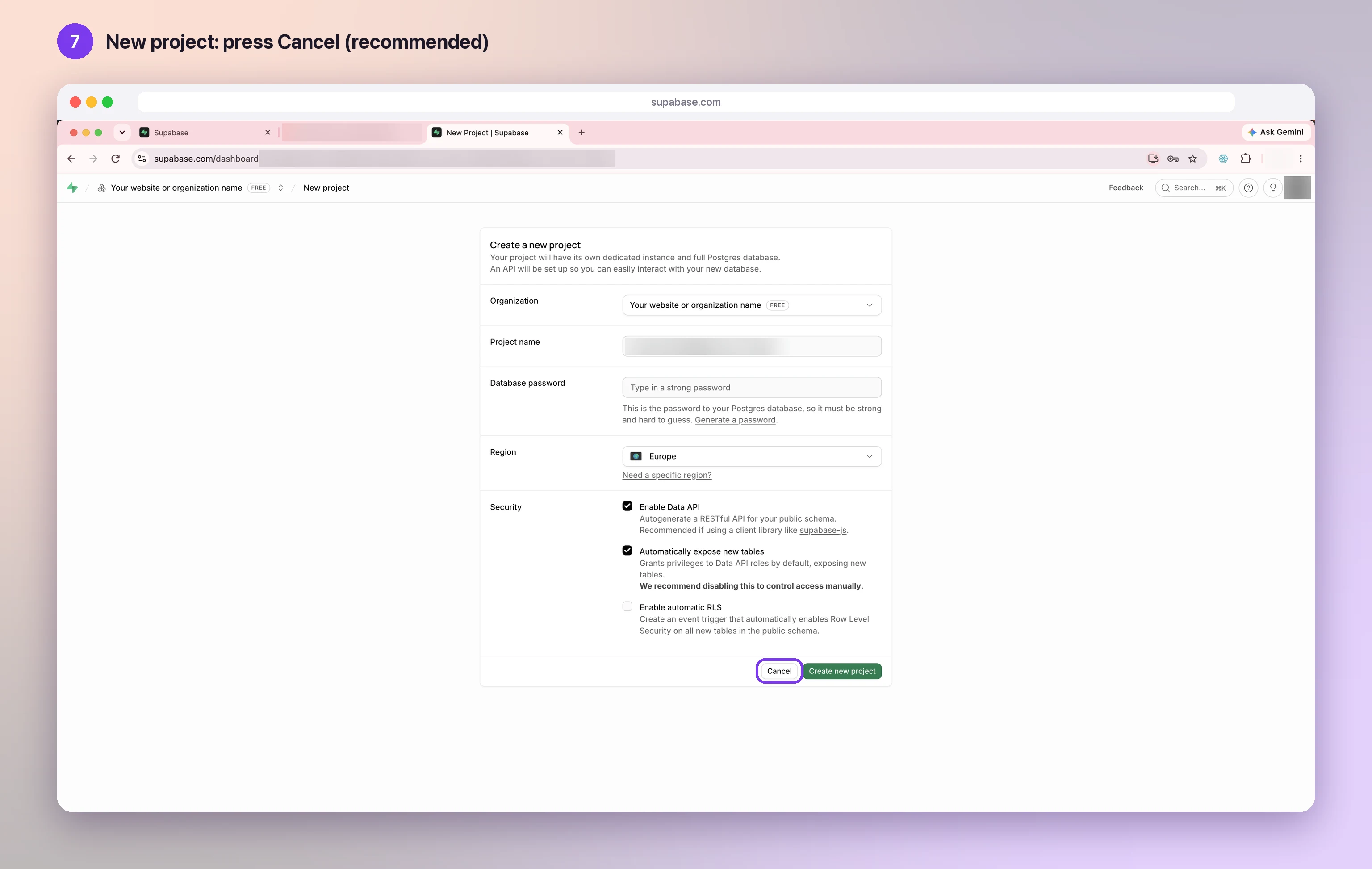 The Supabase Create a new project form, with the Cancel button highlighted