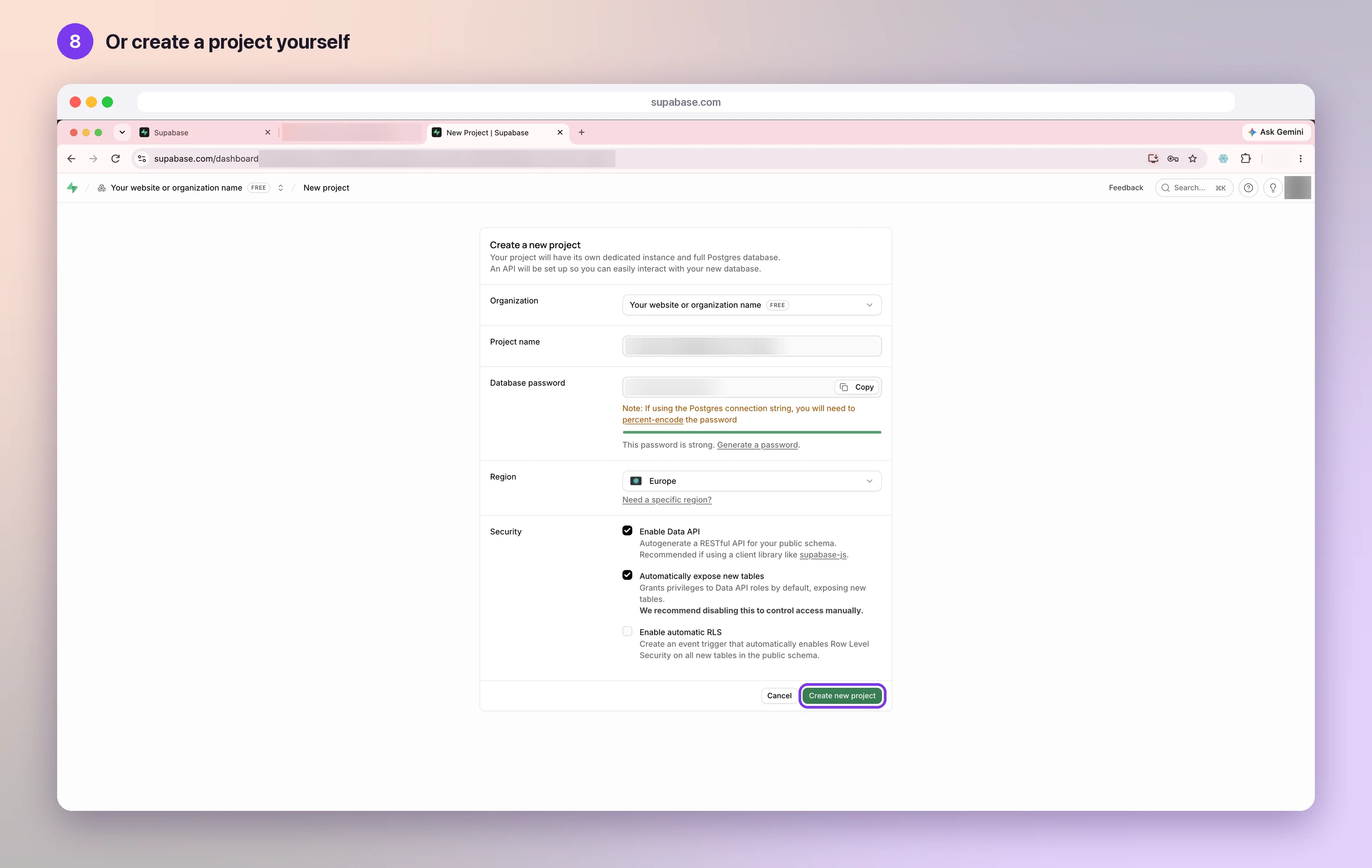 The Supabase Create a new project form filled in, with the Create new project button highlighted