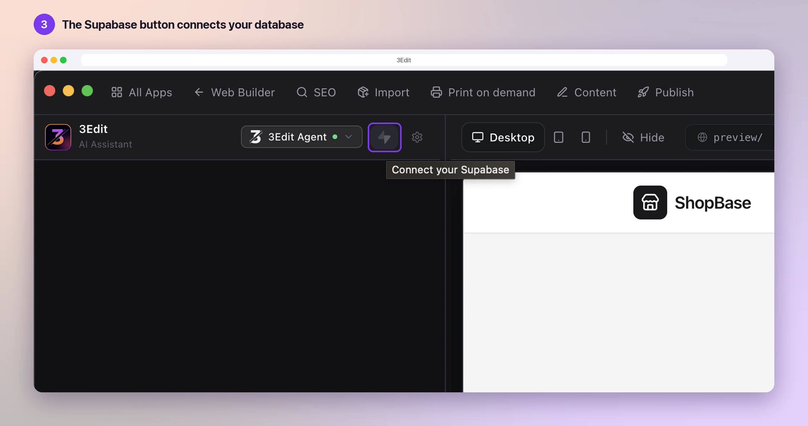 The top of the 3Edit chat, with the lightning button highlighted and its label Connect your Supabase