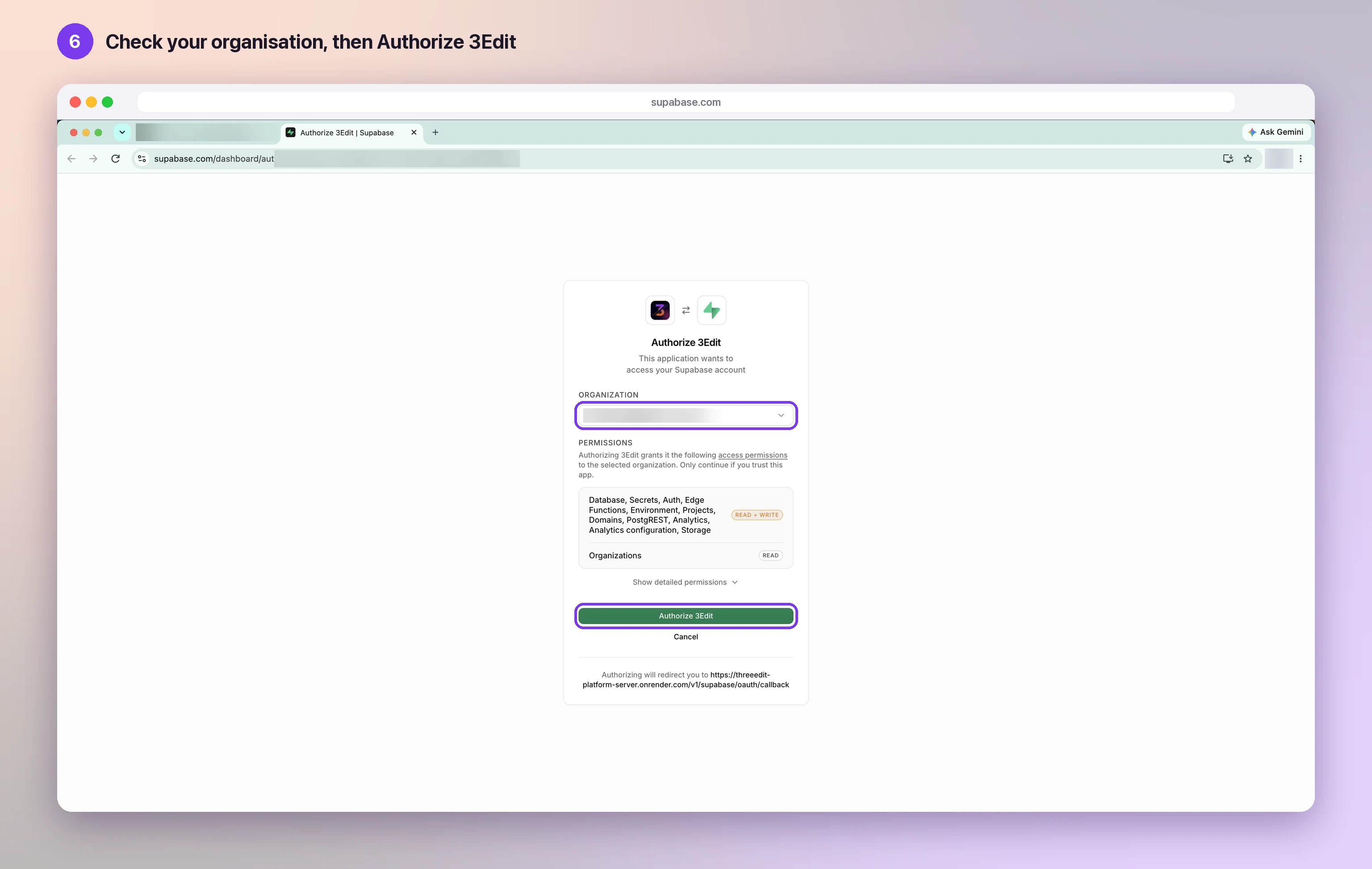 The Supabase Authorize 3Edit page, with the organisation choice and the Authorize 3Edit button highlighted