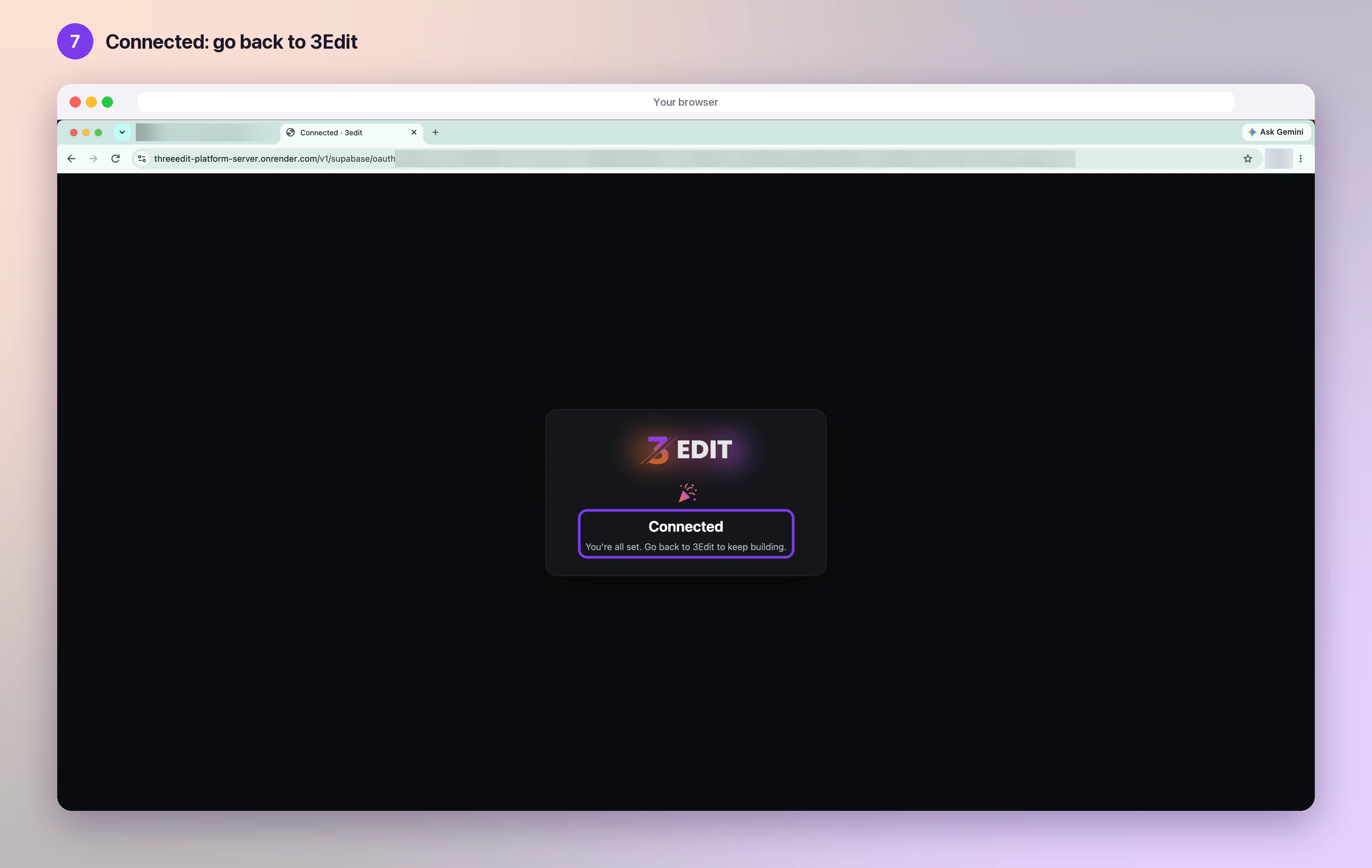 A browser page with the 3Edit logo and the word Connected, highlighted, saying You’re all set. Go back to 3Edit to keep building