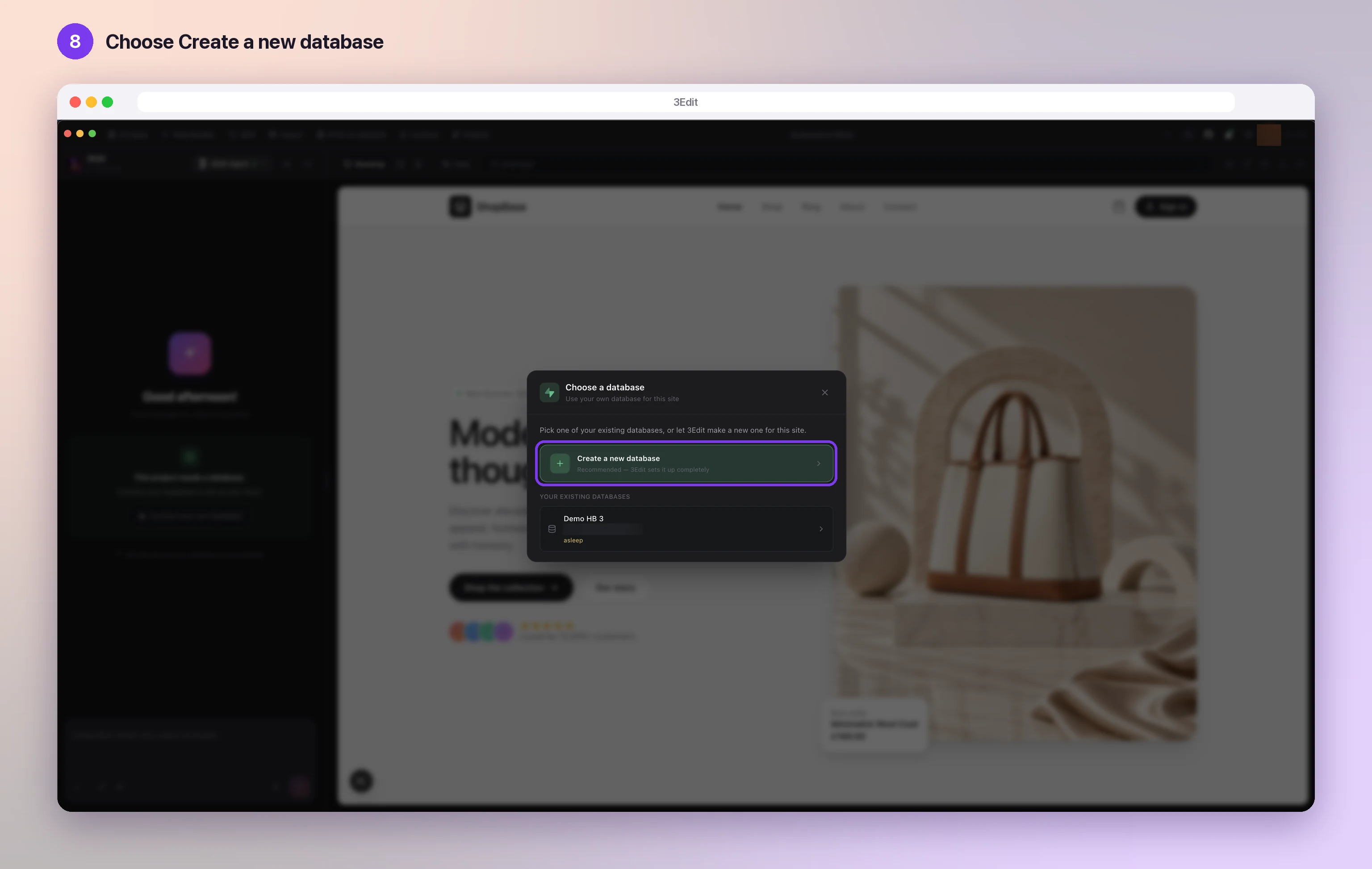 The 3Edit Choose a database window, with Create a new database highlighted and an existing database listed below