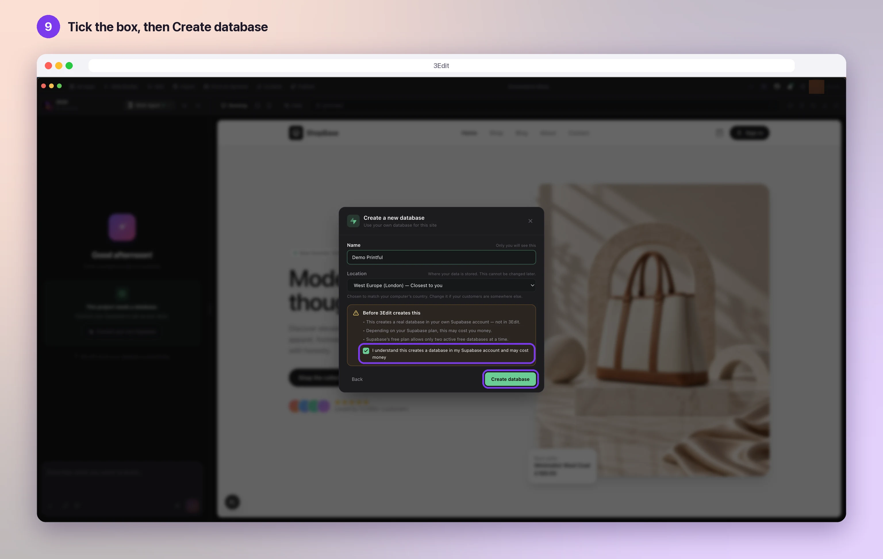 The 3Edit Create a new database window, with the confirmation tick box and the Create database button highlighted