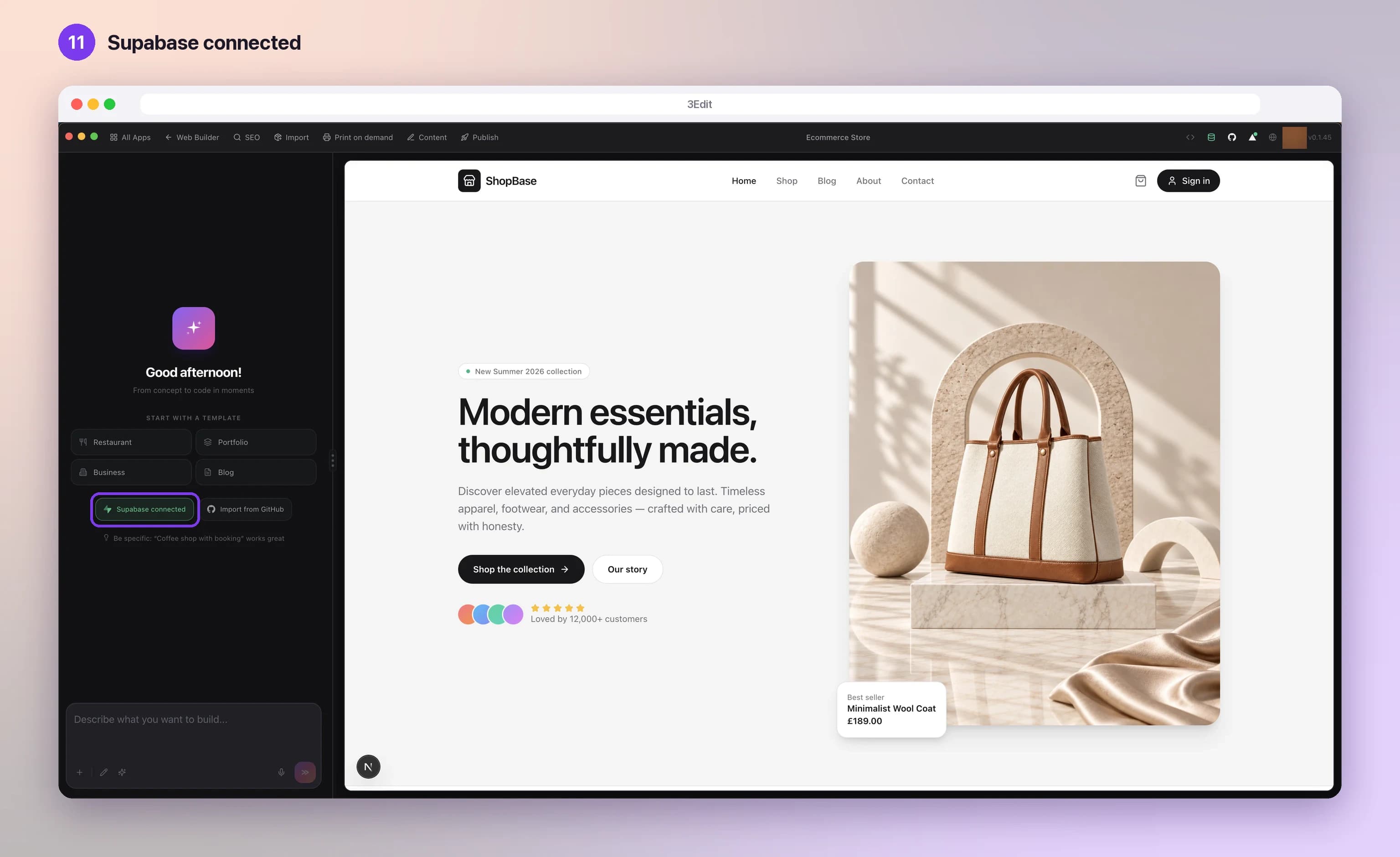The 3Edit app with the store open, with Supabase connected in the chat highlighted