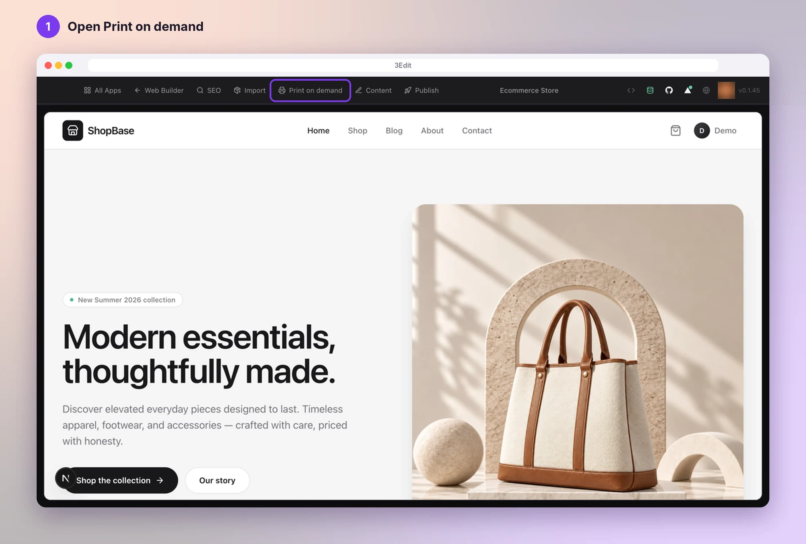 The store editor in 3Edit with the Print on demand button in the top bar highlighted