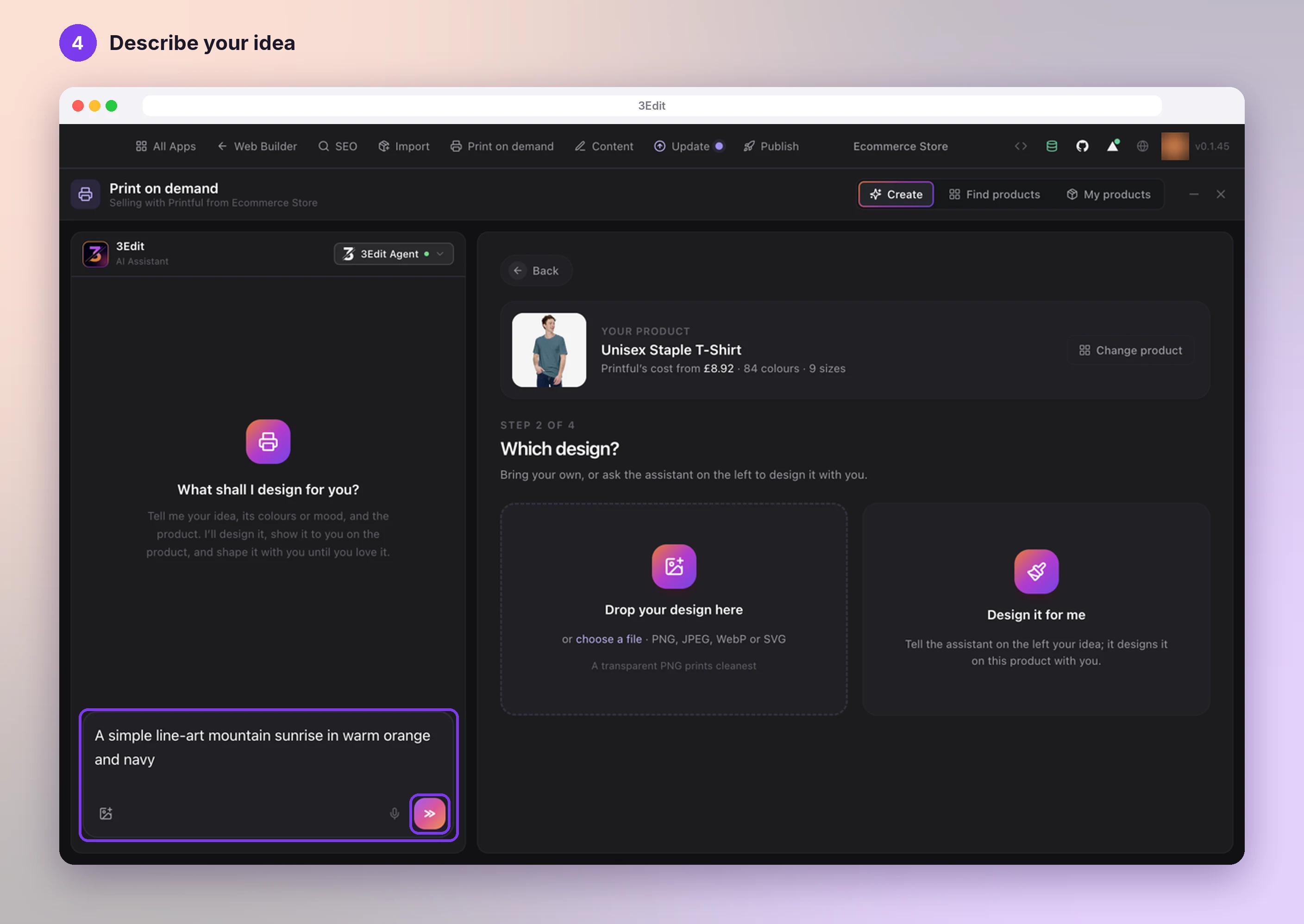 The design assistant asking What shall I design for you, with a design idea typed into the chat box and the send button highlighted