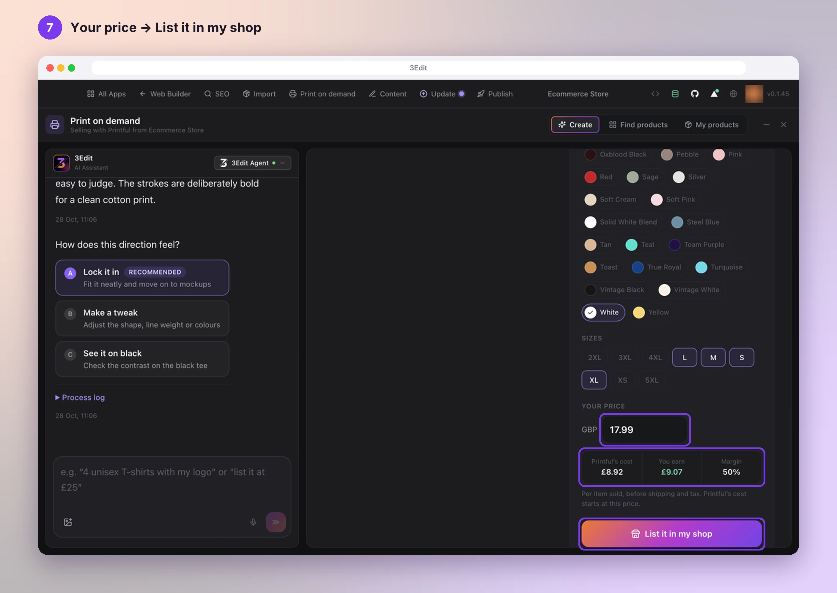 The price step with the Your price field, the breakdown of Printful’s cost, what you earn and the margin, and the List it in my shop button highlighted