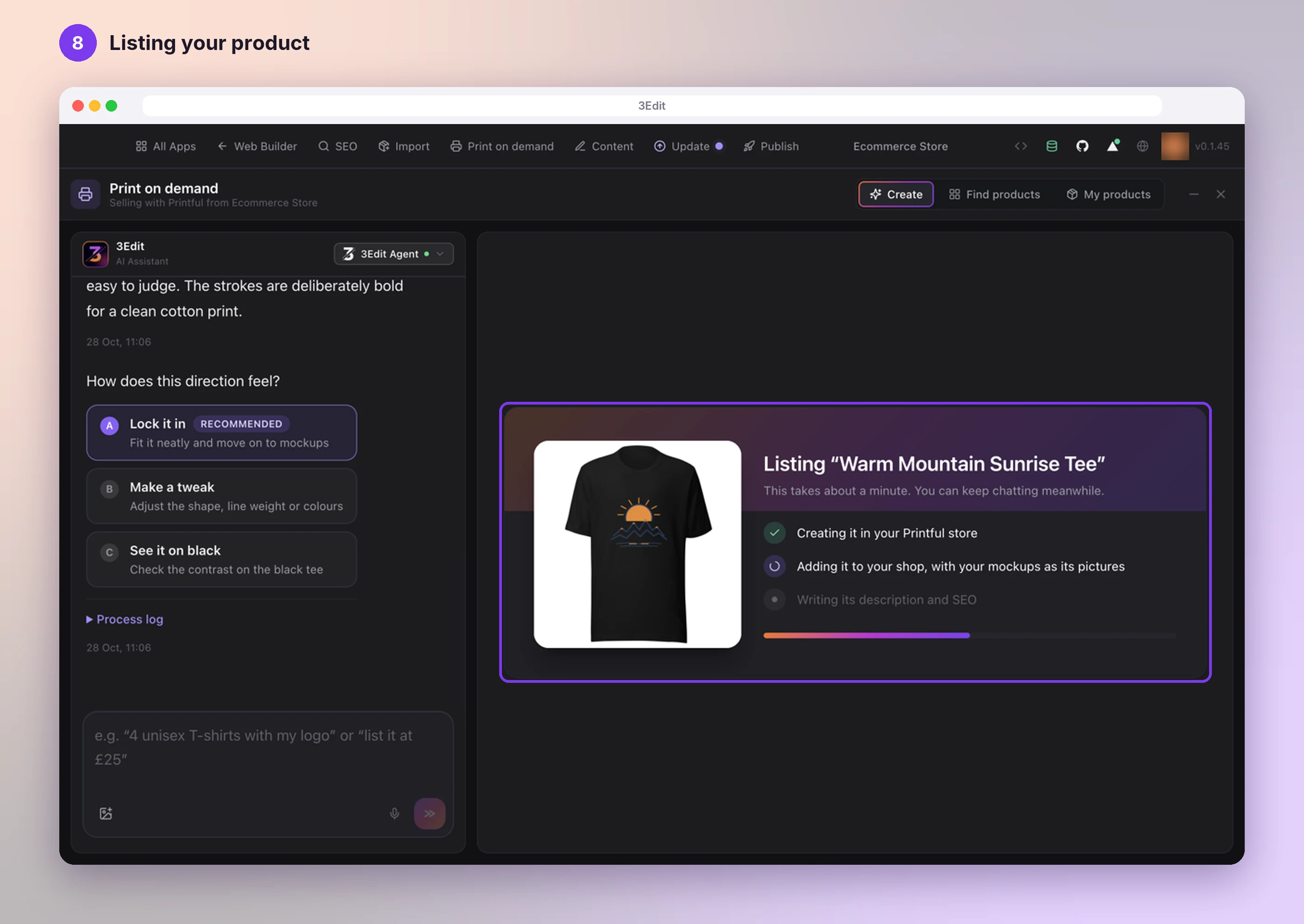 The listing progress card showing the product being created in Printful, added to the shop and given a description and SEO