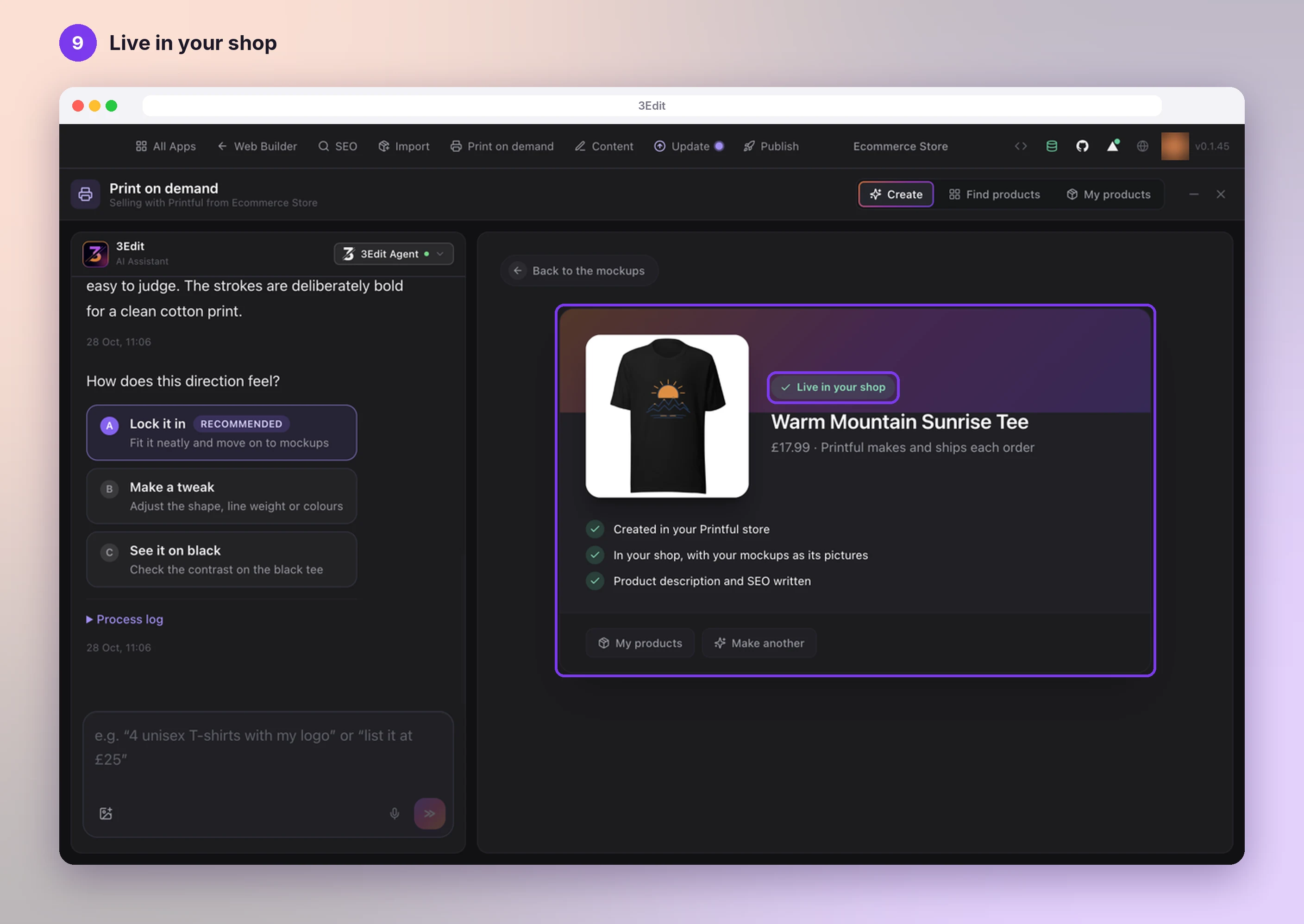 The Live in your shop result card for the new T-shirt, with the Live in your shop badge highlighted
