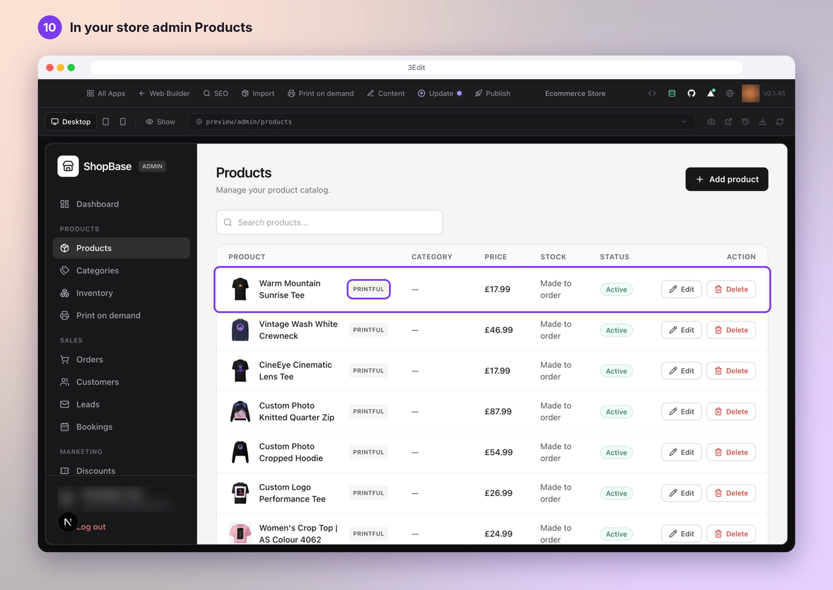 The store admin Products list with the new product first, showing the PRINTFUL tag, its price and Made to order