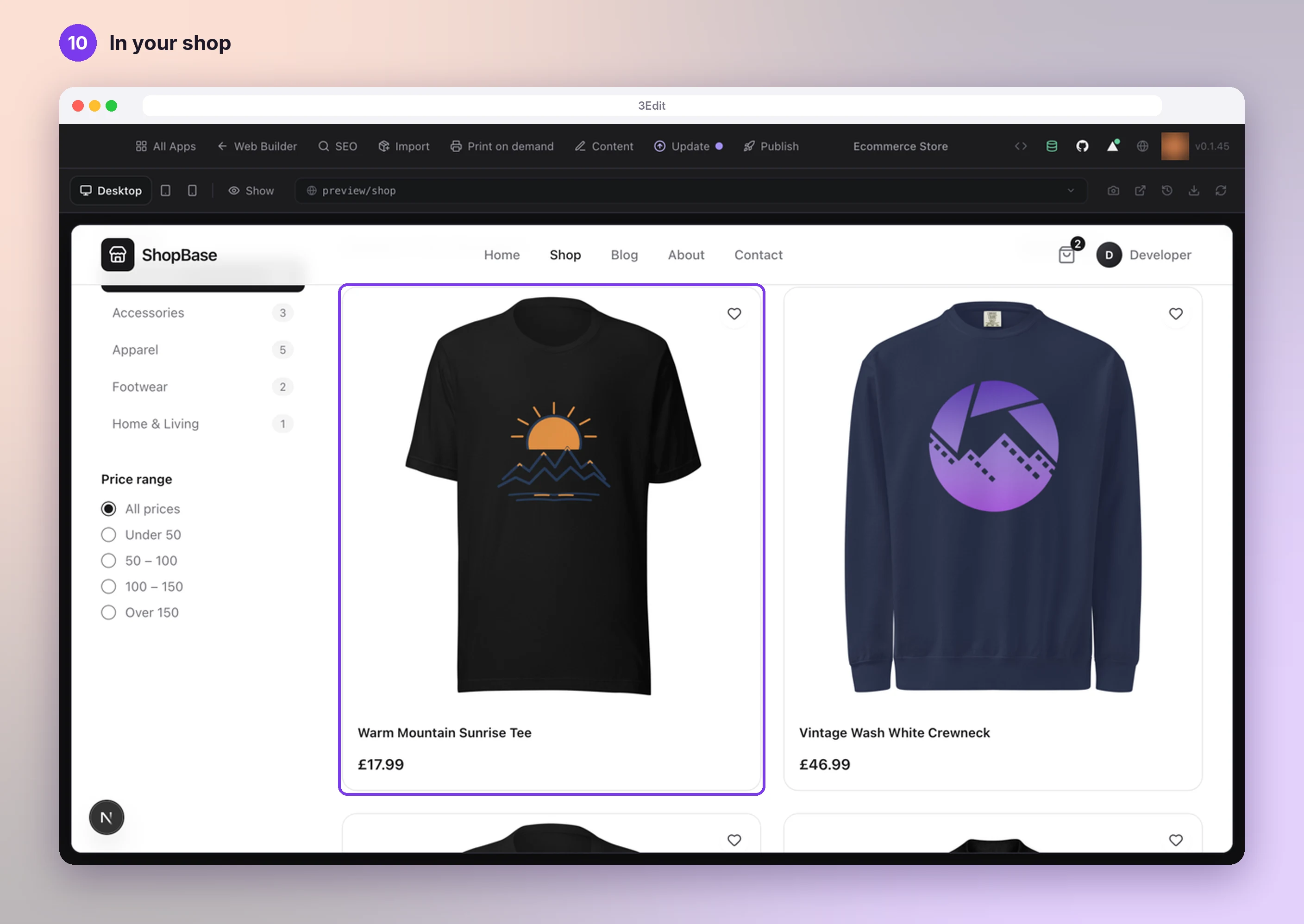 The shop page of the store with the new T-shirt’s product card highlighted
