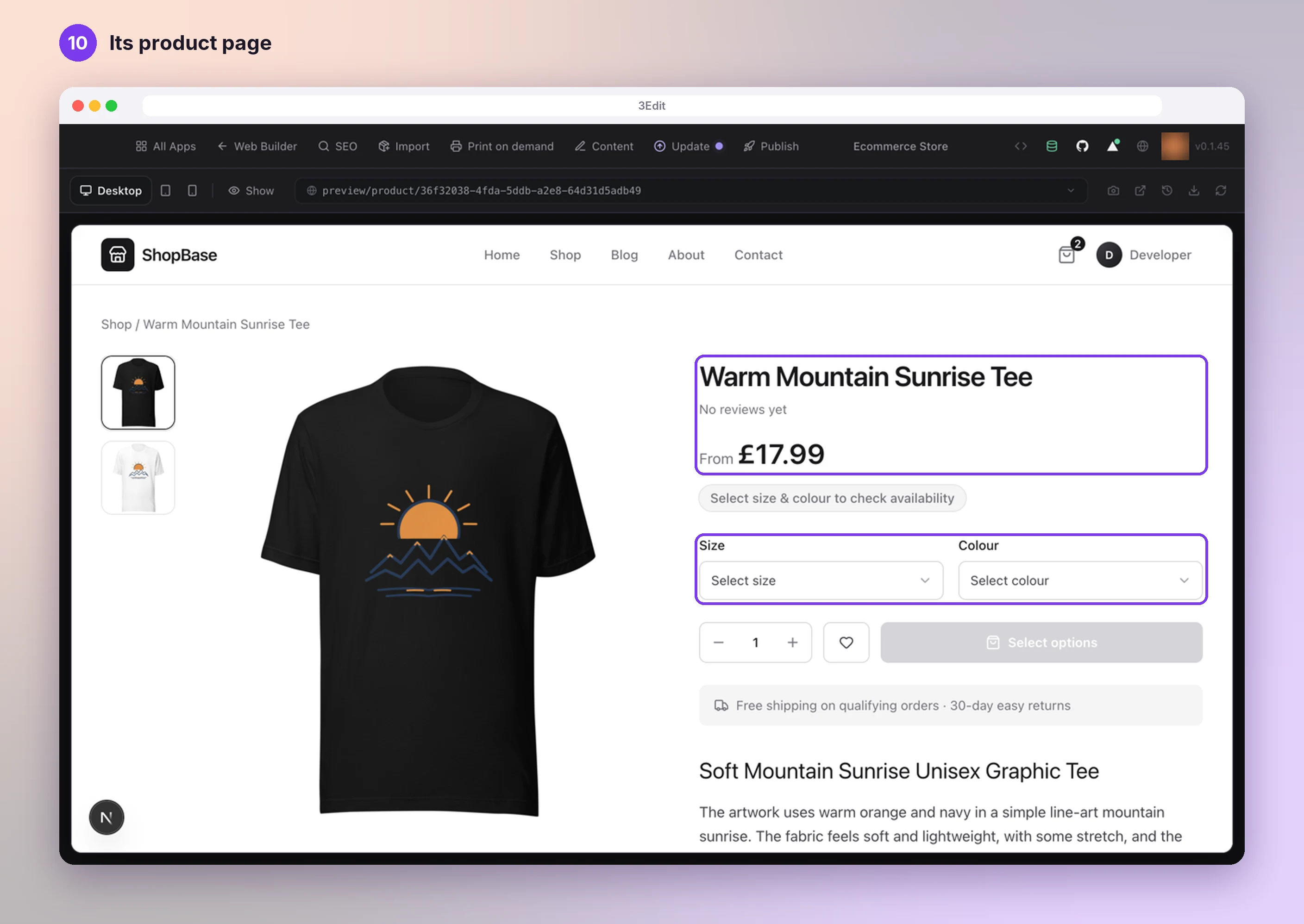 The new T-shirt’s product page with its title and price, and the Size and Colour choices highlighted