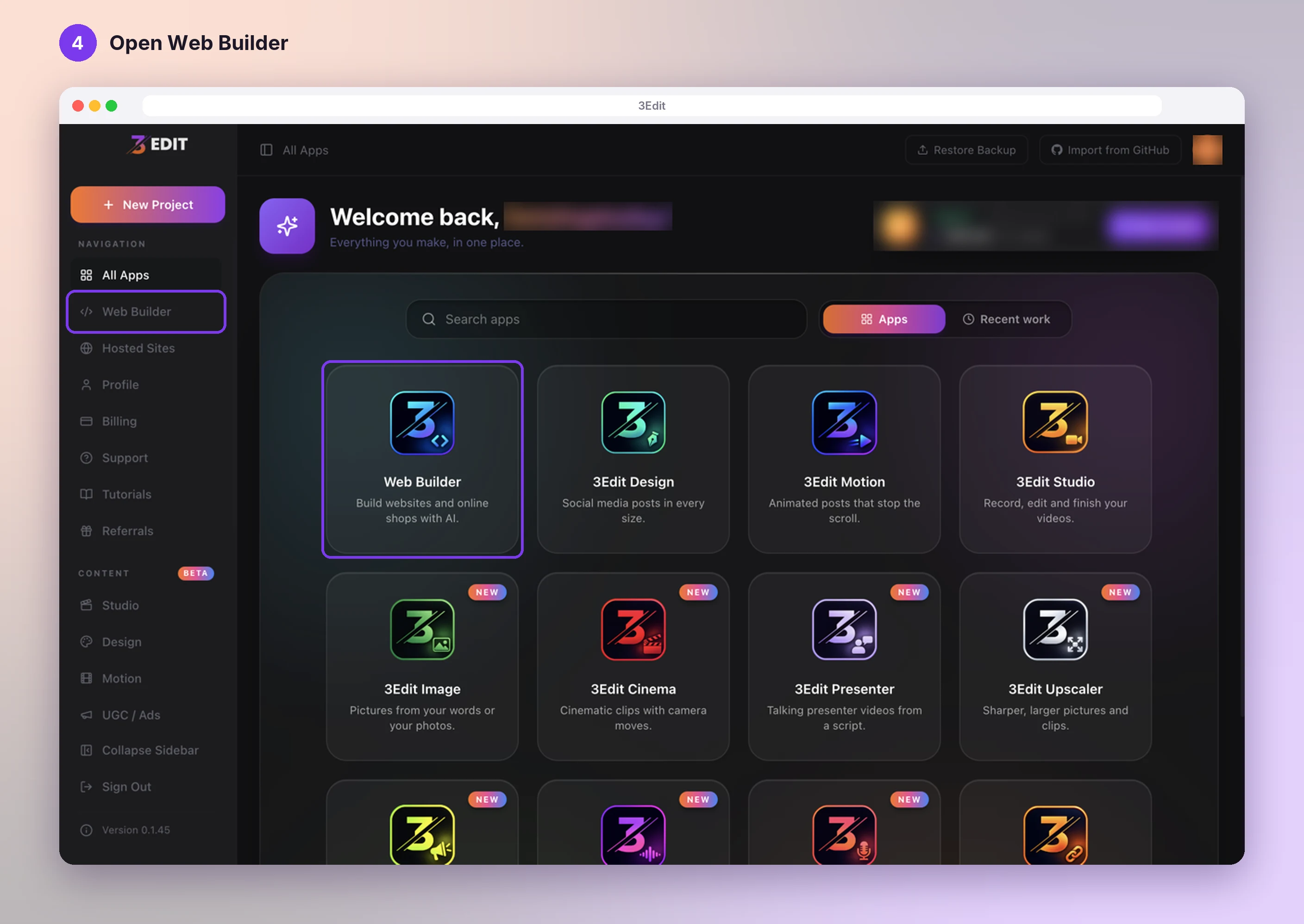 The 3Edit home screen, All Apps, with the Web Builder tile and the Web Builder item in the sidebar highlighted