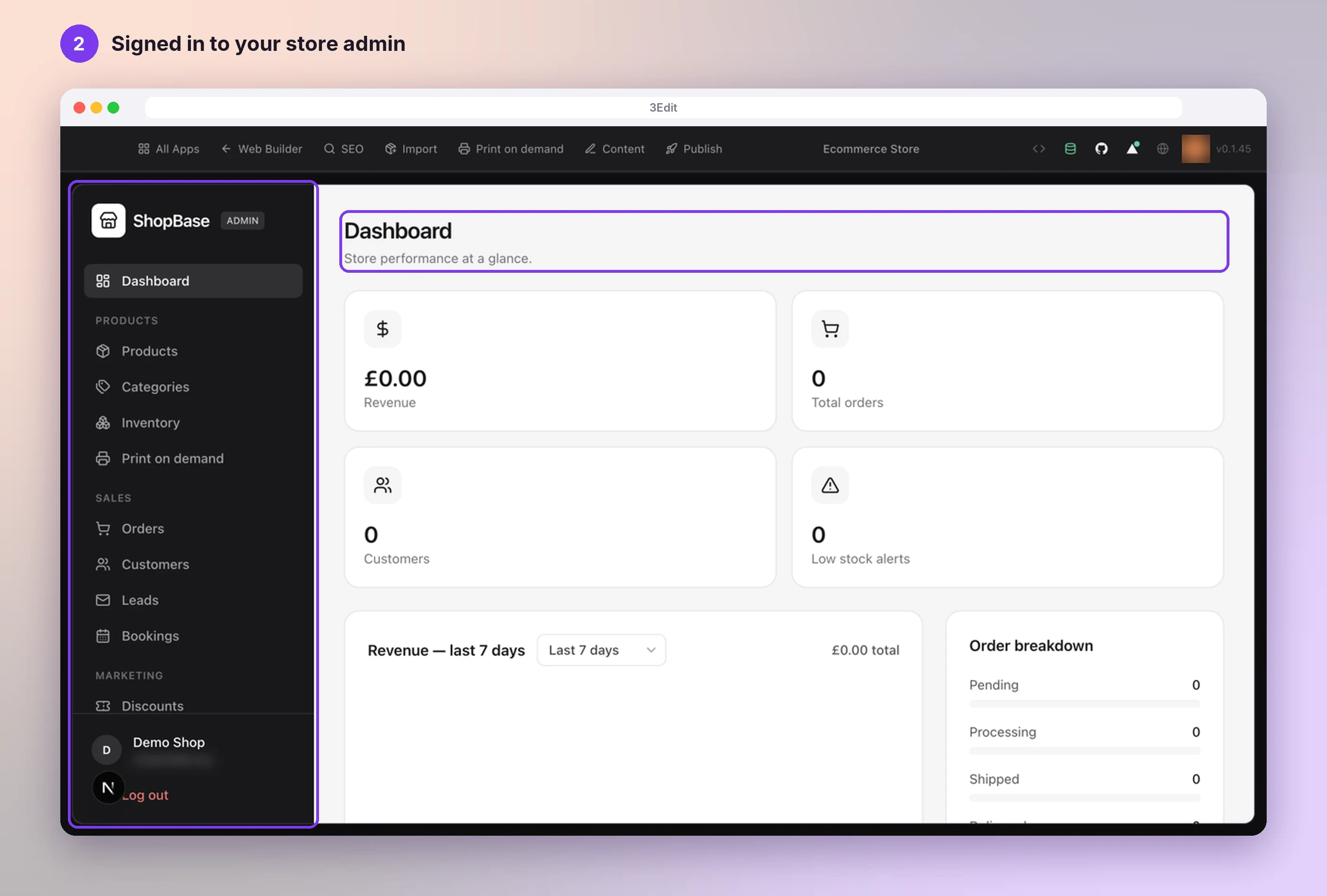 The store admin Dashboard, signed in as an admin, with the Dashboard heading and the admin sidebar highlighted