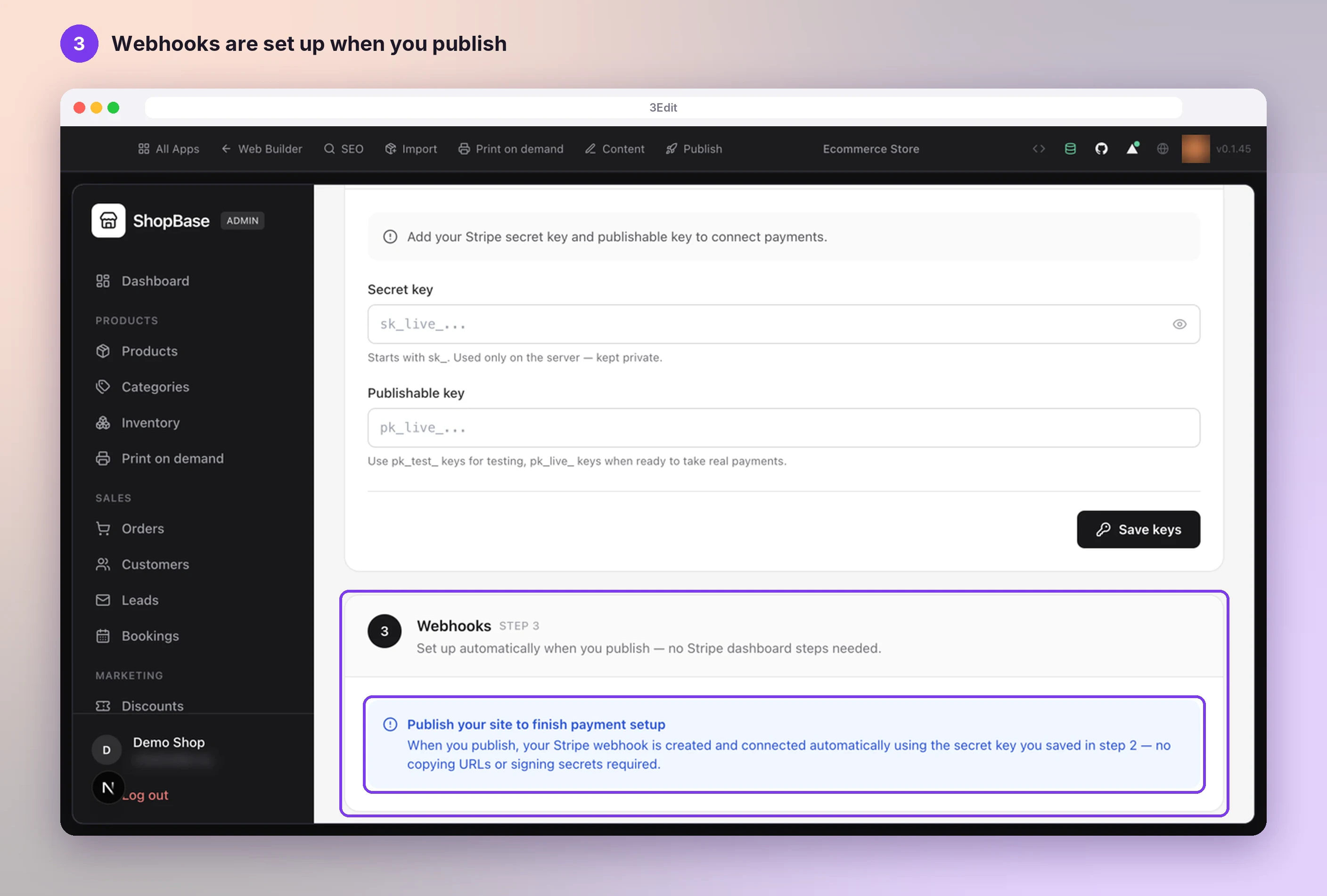 The Webhooks step in the store admin, set up automatically when you publish, with the note Publish your site to finish payment setup highlighted