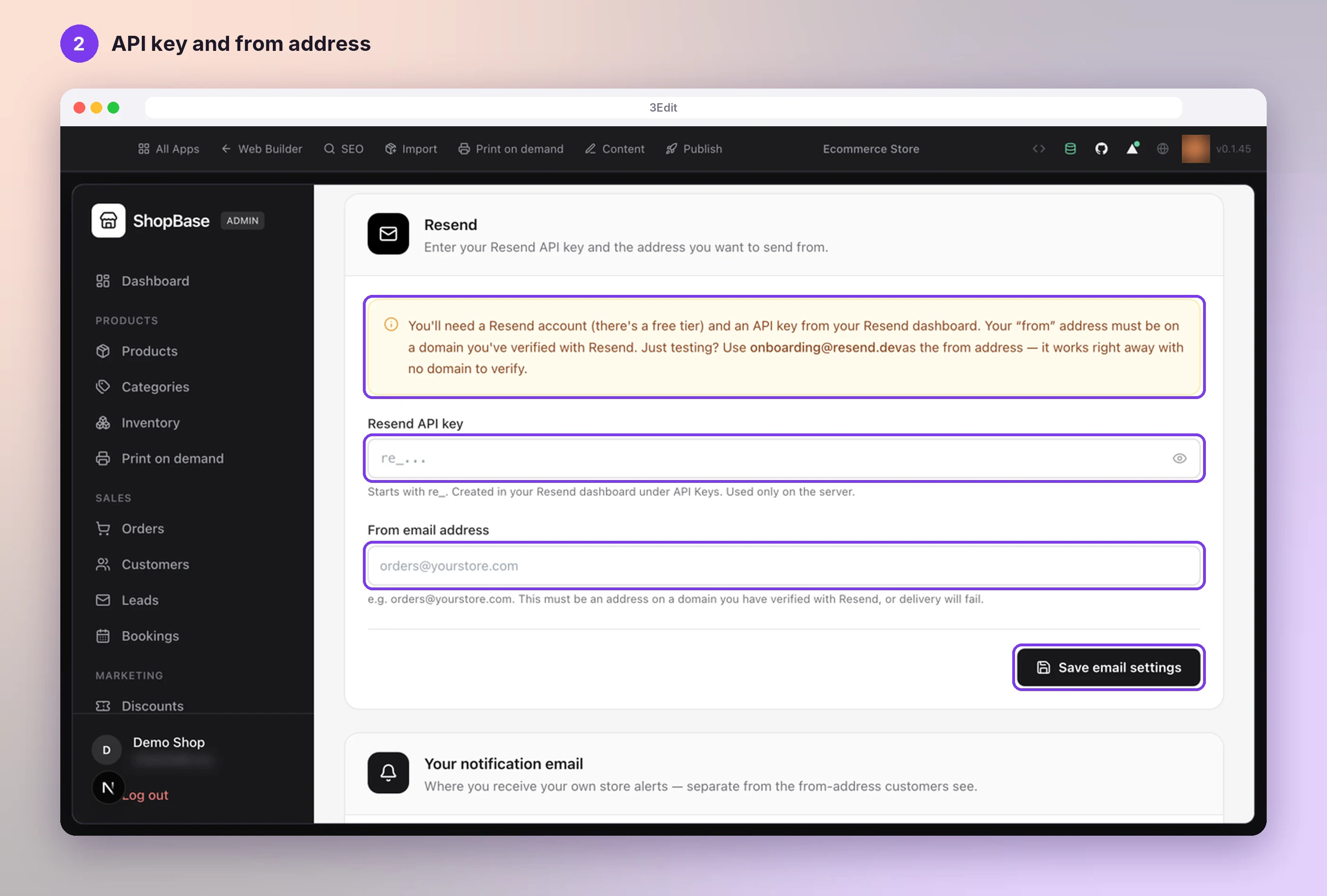 The Resend card in the store admin with its setup note, the empty Resend API key and From email address fields and the Save email settings button highlighted