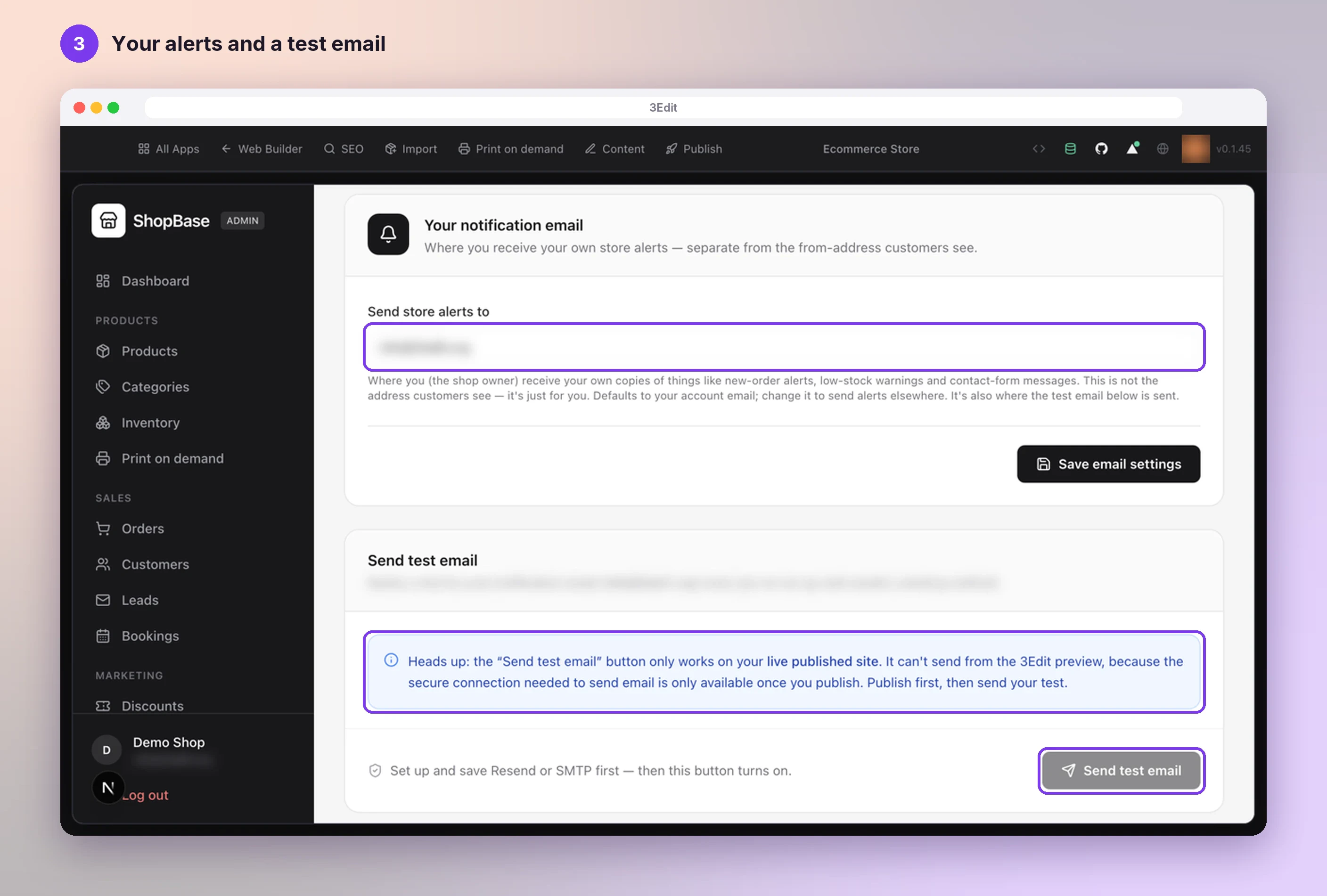 The Your notification email section in the store admin, with the Send store alerts to field, the Heads up note and the Send test email button highlighted
