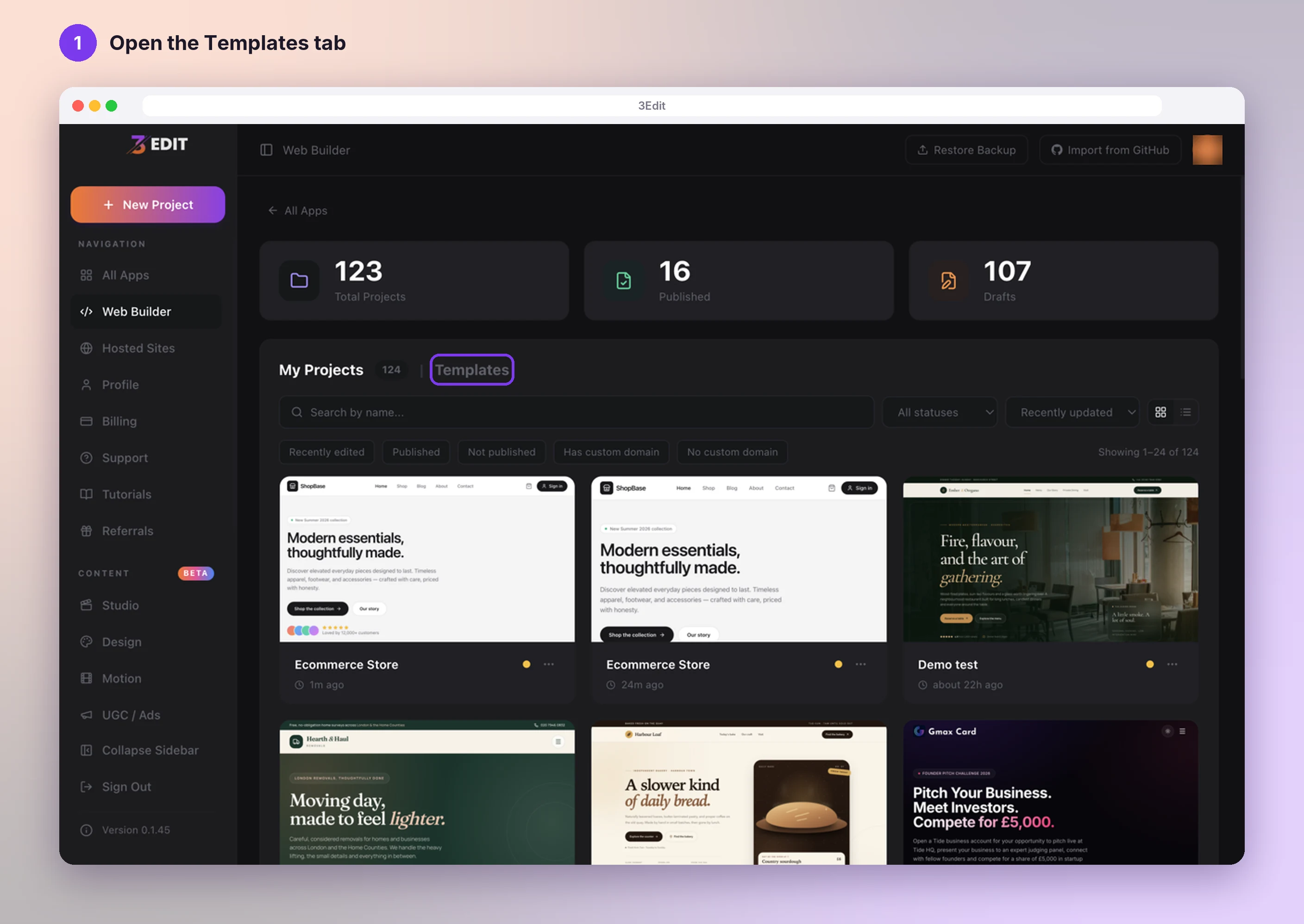 The 3Edit Web Builder page with the My Projects and Templates tabs, and the Templates tab highlighted