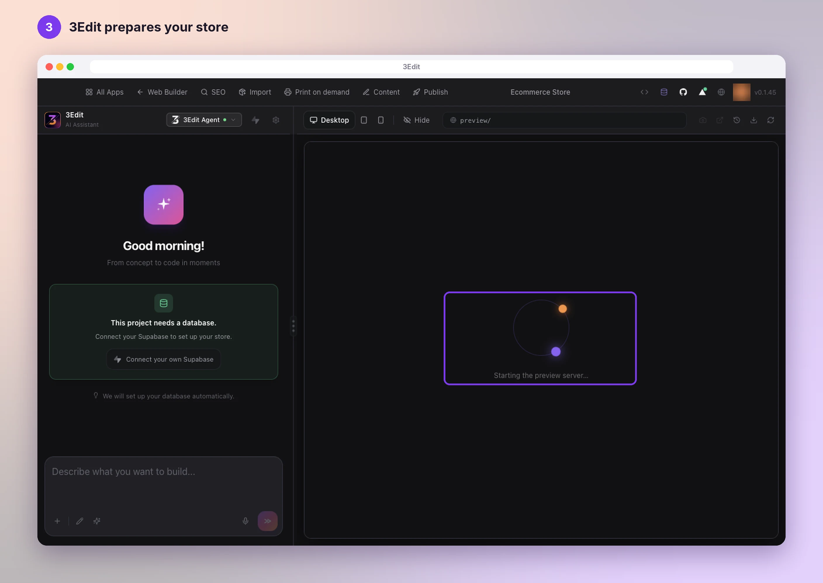 A new store opening in the 3Edit editor, with the preview showing Starting the preview server highlighted