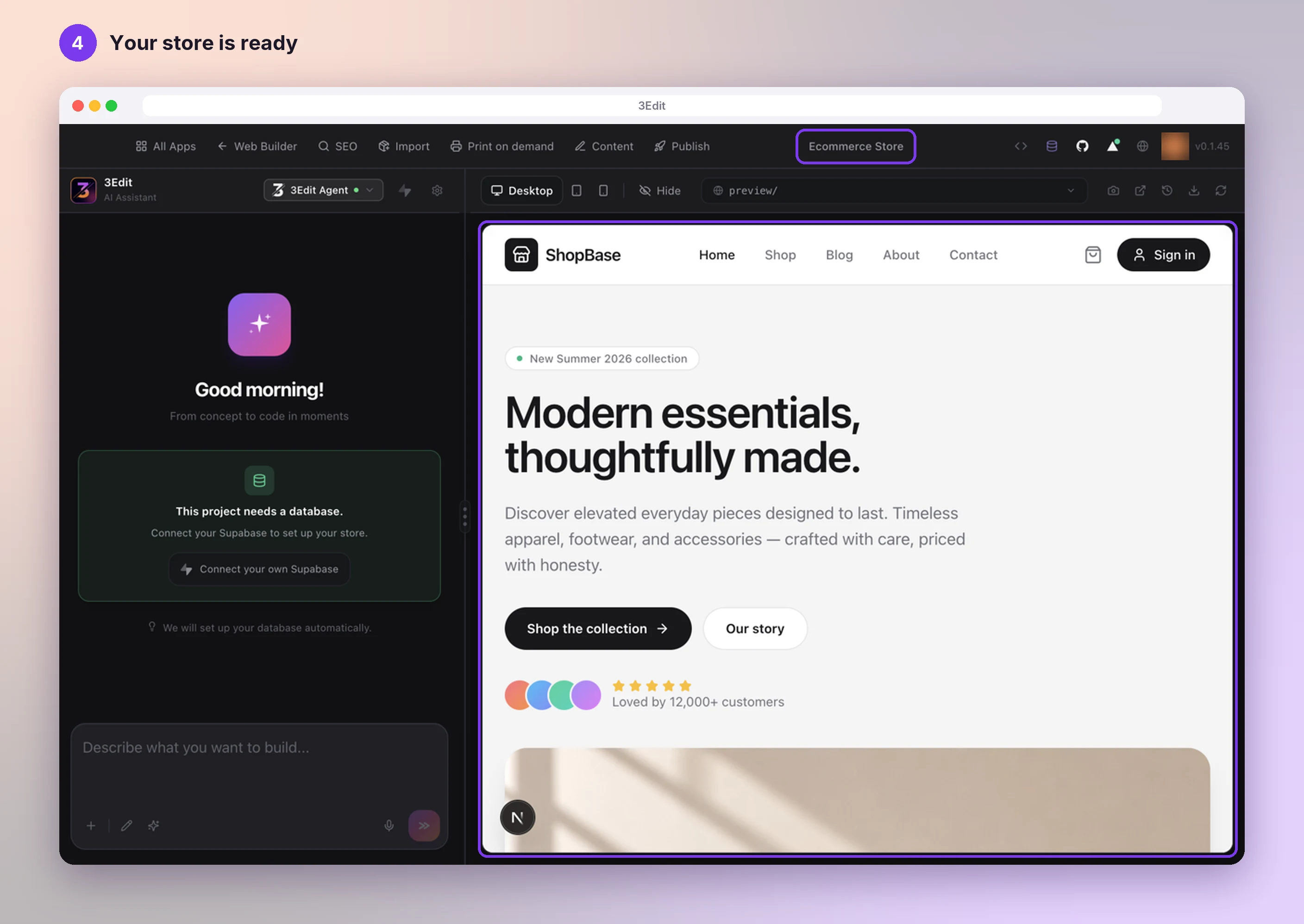 The new store’s home page in the 3Edit preview, with the store preview and the project name in the top bar highlighted