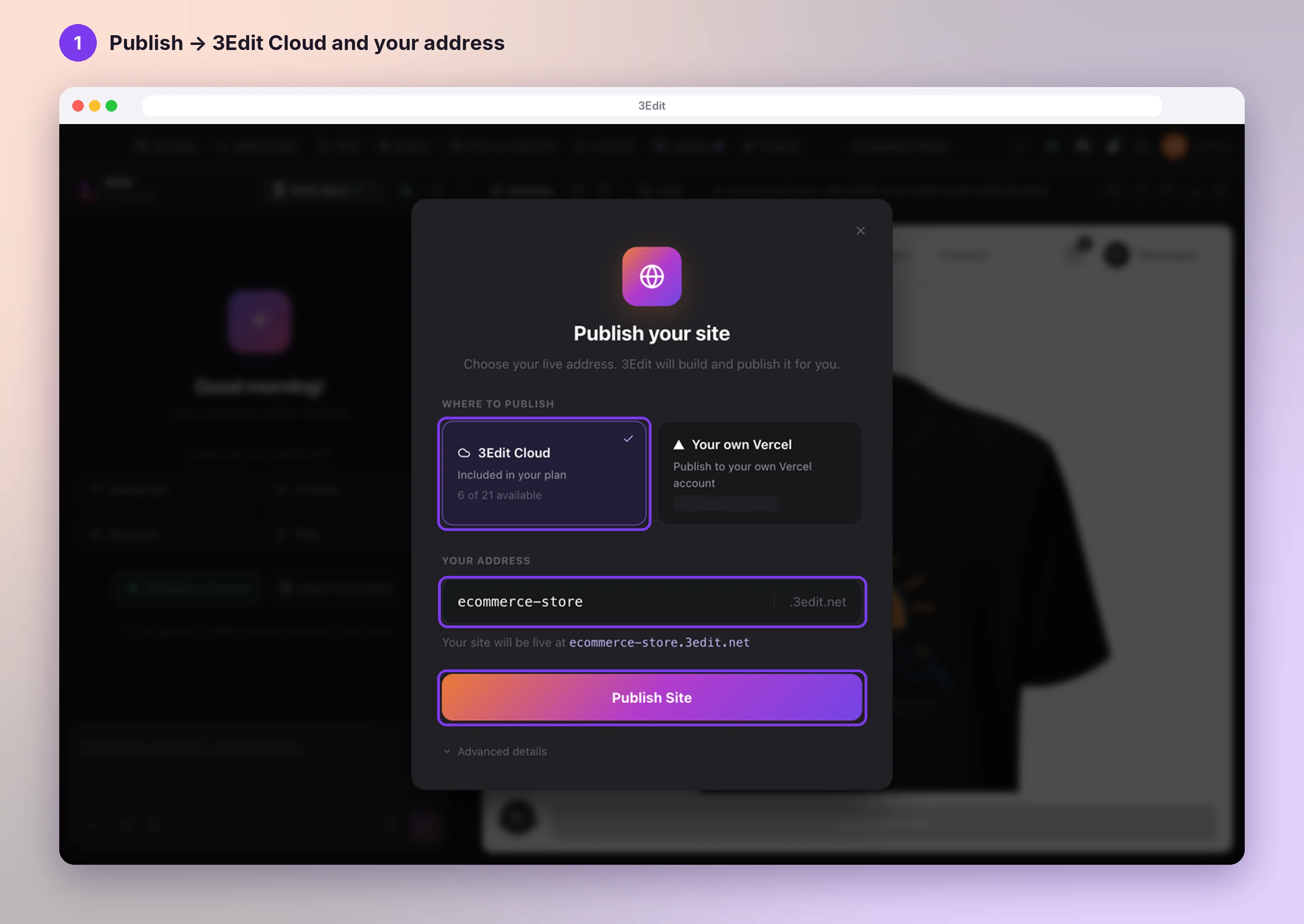 The Publish your site panel with 3Edit Cloud, the address field and the Publish Site button highlighted