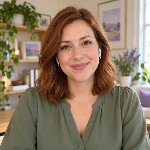A smiling podcast guest in a sunlit home office
