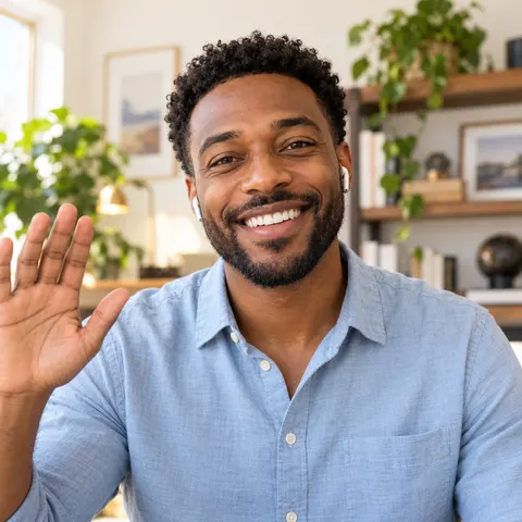 A smiling podcast guest waving hello from his home office