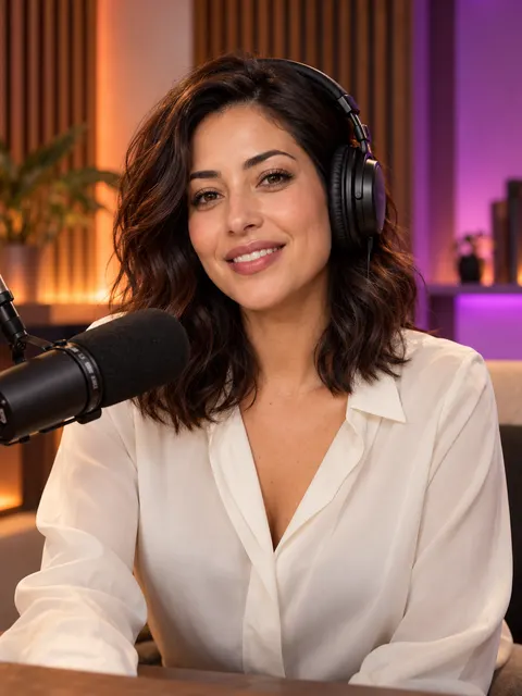 A stylish podcast host with headphones at her microphone in a warm studio