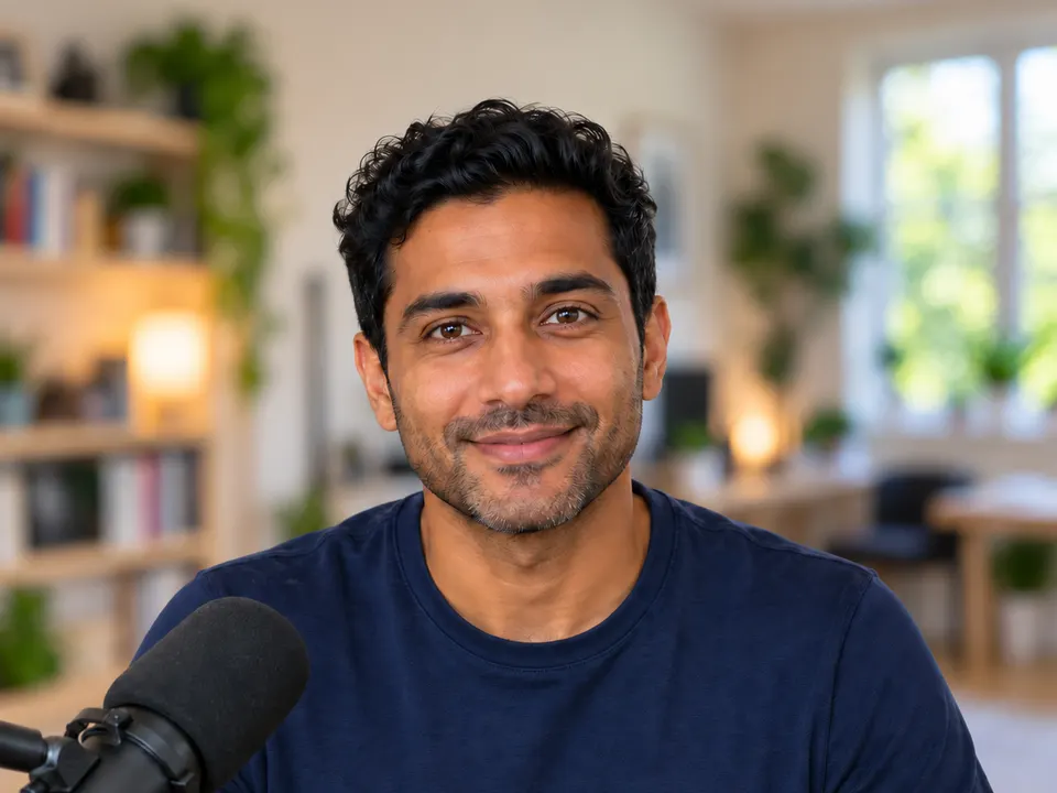 A presenter with a microphone recording at home, with the room behind him softly blurred