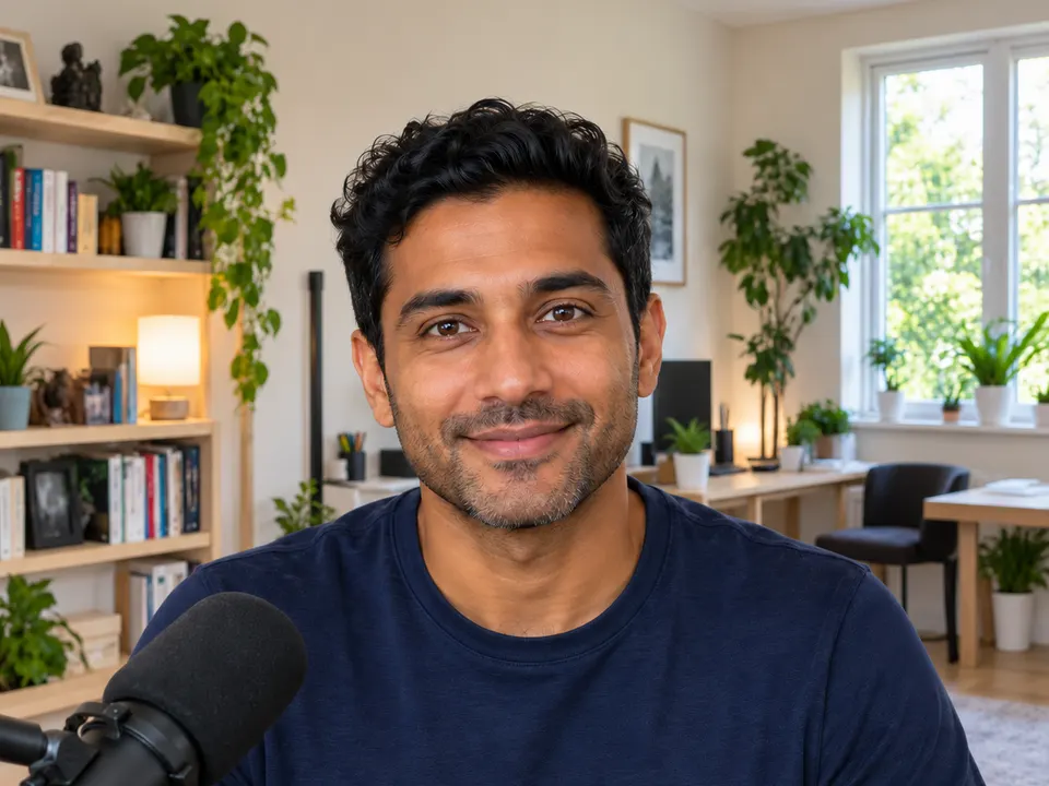 The same presenter in a bright home office, everything in sharp focus