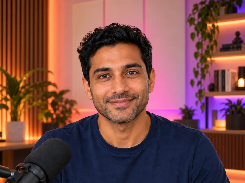 The same presenter in a premium podcast studio with colourful ambient lighting