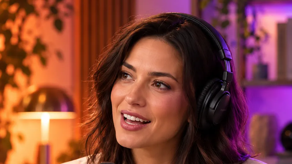 A podcast host with headphones talking in a warm, colourfully lit studio